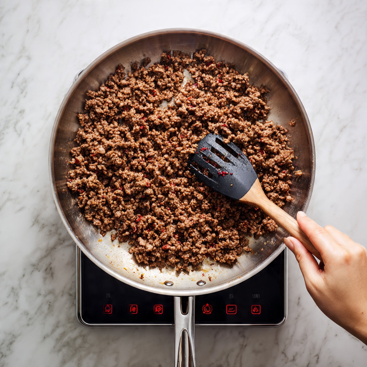 A top view of a shiny silver pan with cooked ground meat browned in small, crumbly pieces covering the whole surface of the pan. The meat is a mix of dark and lighter brown colors with some specks of red seasoning scattered. A black spatula with a wooden handle is stirring the meat on the right side, held by a woman's hand. The pan is on a black stovetop with red numbers displayed. The surface underneath is white with a marbled texture. Photo taken with an iphone --ar 4:5 --v 7