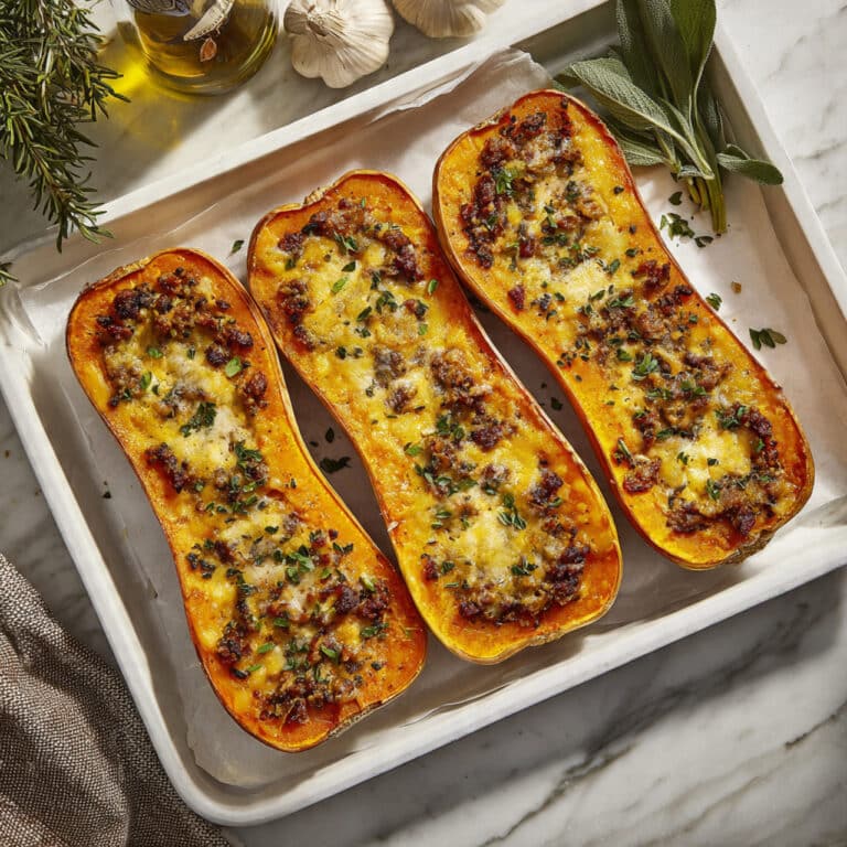 Stuffed Butternut Squash with Sausage, Spinach, and Cheddar Recipe