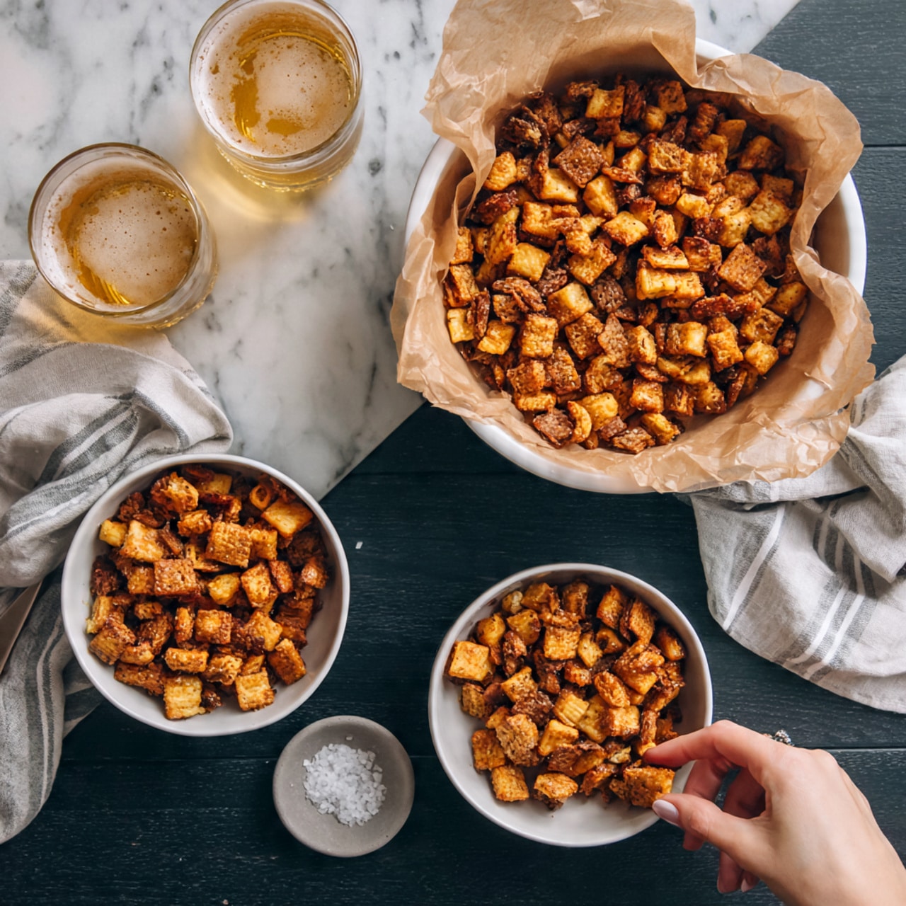 The image shows three white dishes of crunchy snack pieces with a golden brown color, some darker and some lighter. The largest dish is a white bowl lined with brown parchment paper filled fully with the snack, placed near the top right in the frame. Two smaller white bowls filled with the same snack sit below it, one slightly left and the other near the bottom right. A woman's hand reaches into the bottom right bowl to pick up a piece. In the top left of the image are two glasses of beer with a light golden color and a striped cloth underneath, all set on a dark brown wooden surface. There is also a small light gray dish with coarse salt beside the drinks. The background is a white marbled texture visible near the edges. photo taken with an iphone --ar 4:5 --v 7