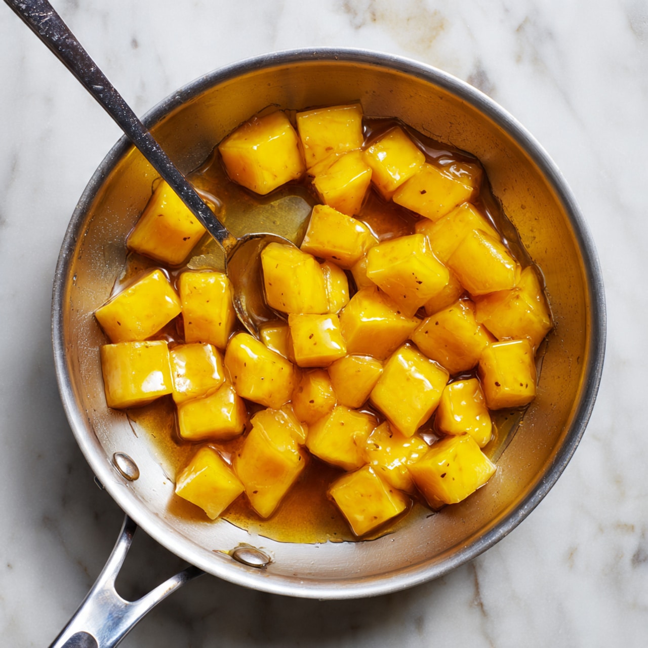 A shiny silver pan holds many small golden-yellow chunks of fruit covered in a thick, light brown syrup, with a close-up metal spoon stirring them on the left side. The pan sits on a surface with a white marbled texture that shows subtle grey veins and spots. The fruit pieces are irregular cubes and triangles with smooth, soft edges, and the syrup looks sticky and glossy, pooling gently around the pieces. Photo taken with an iphone --ar 4:5 --v 7