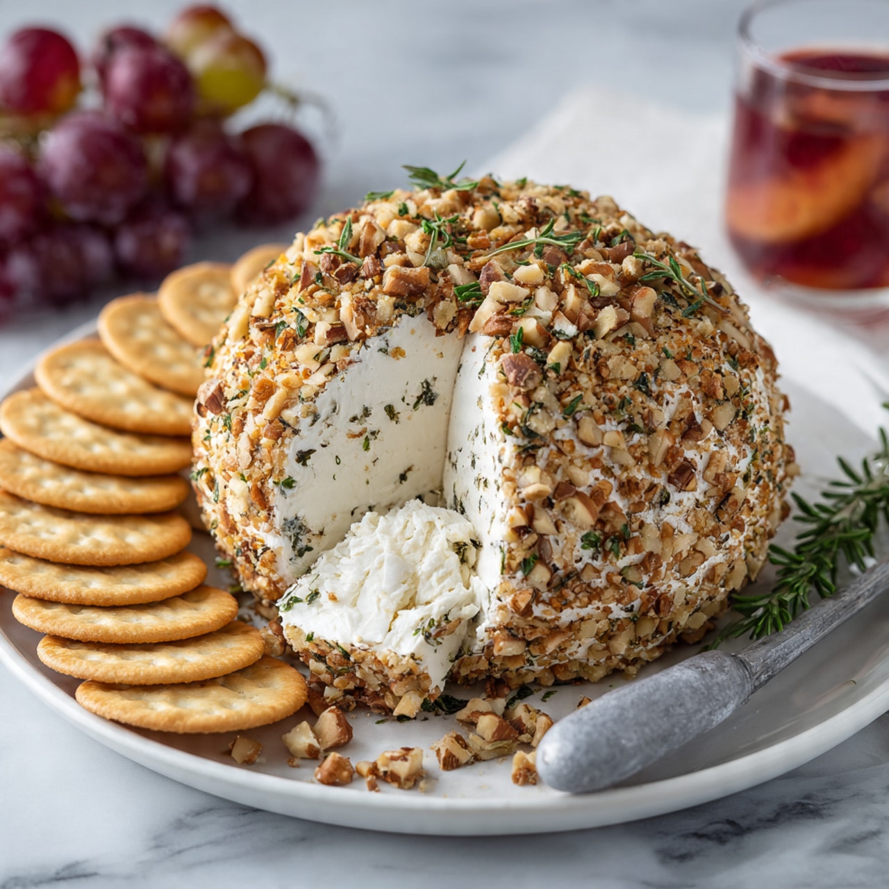 A round cheese ball with a creamy white inside covered in a layer of chopped brown nuts and green herbs sits on a white plate. The cheese ball looks soft and smooth inside, with a section scooped out. Around the cheese ball, there are several plain round crackers arranged neatly. A small metal spreader knife with a gray handle rests on the plate near the cheese ball. In the background, there are blurry bunches of red and green grapes and a glass container with reddish contents on a white marbled surface. photo taken with an iphone --ar 4:5 --v 7