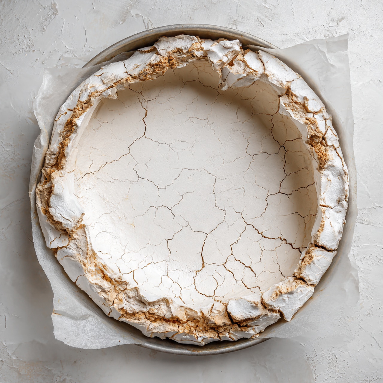 A round, cracked light brown pavlova sits in the center of a white parchment paper-lined metal baking tray on a white marbled surface. The pavlova has two distinct layers: a rough, uneven outer crust with large cracks revealing a smoother, creamy inner layer that is slightly darker in shade. The crust is thicker around the edges and thinner toward the middle, creating a bowl-like shape with a textured, airy appearance. The overall shape is imperfectly round with natural cracks that give it a rustic look. photo taken with an iphone --ar 4:5 --v 7