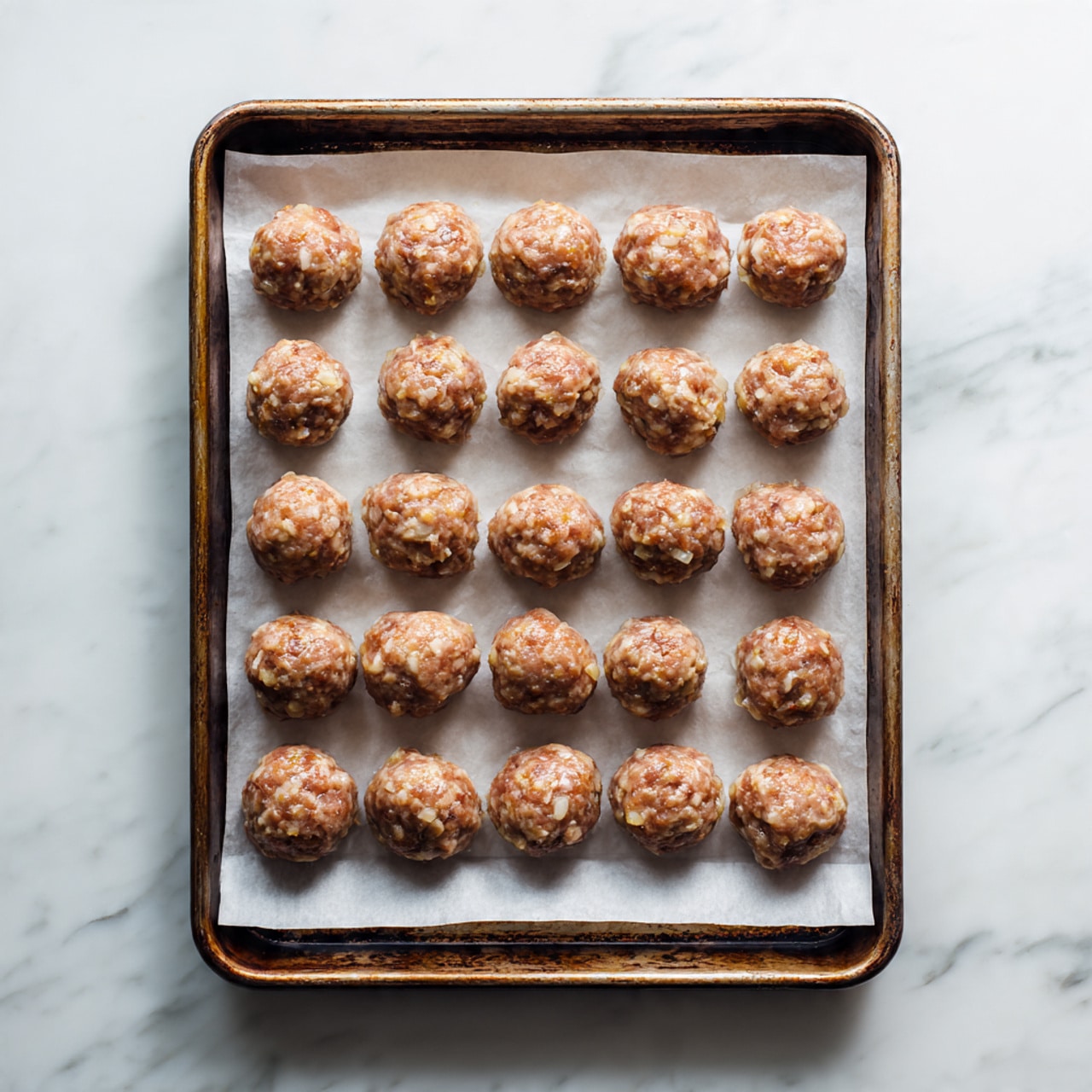 A rectangular metal baking tray lined with white parchment paper holds 30 small raw meatballs arranged in a neat 5 by 6 grid. Each meatball is light brown with a coarse texture and small visible bits of onion or seasoning. The baking tray rests on a white marbled surface that adds a soft, clean background to the image. The tray has dark edges with slight browning and wear marks. Photo taken with an iphone --ar 4:5 --v 7