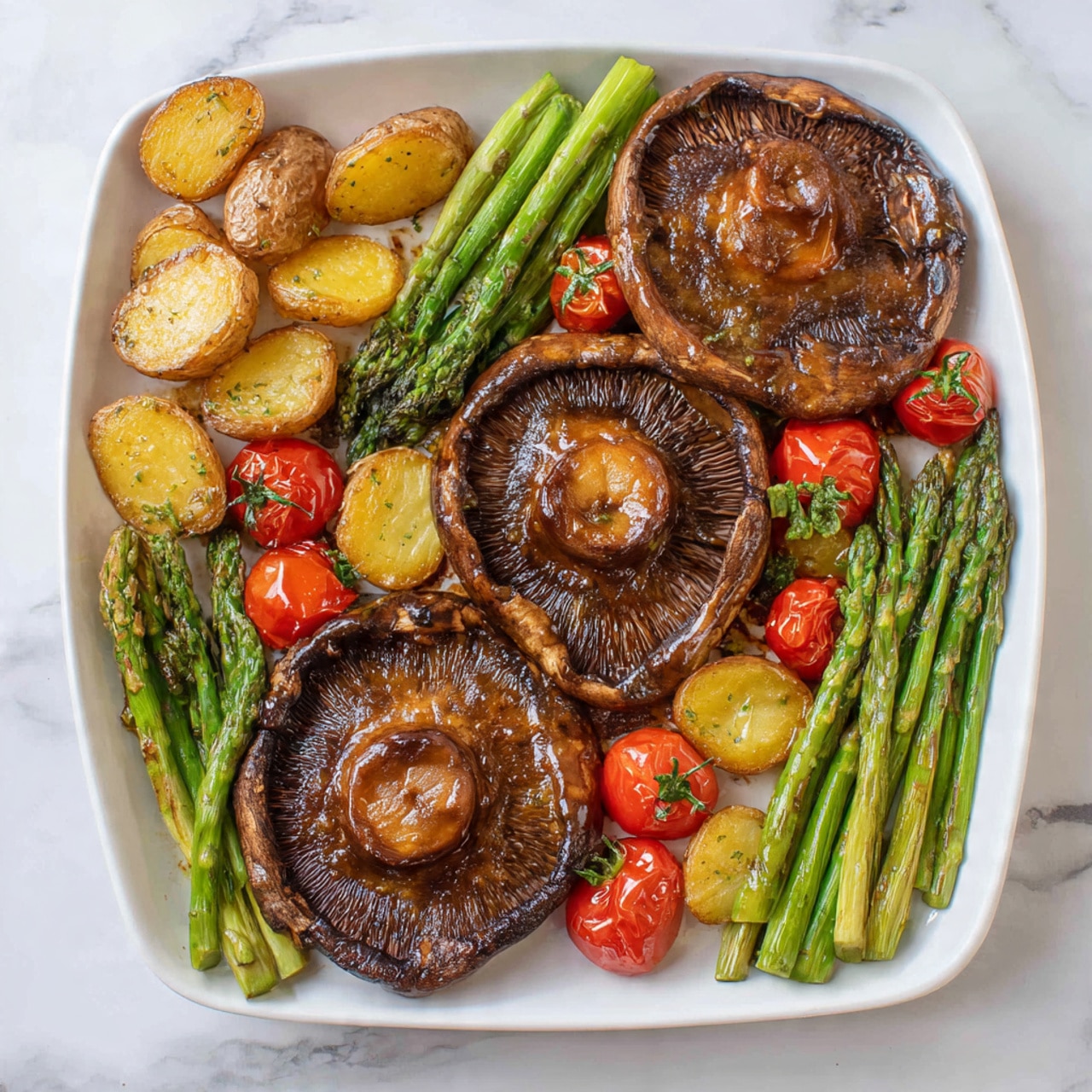 A white round plate holds a cooked dark brown steak positioned on the right side, with a small piece of meat cut off and held by a fork near the bottom right edge. On the left side of the plate, there are four golden-brown roasted potato halves standing upright, slightly overlapping each other. Below the potatoes, a small bunch of green asparagus spears lies horizontally with two bright red cherry tomatoes nestled among them. The plate is placed on a dark brown wooden surface with scattered red cherry tomatoes and a black and white striped cloth napkin on the right side. photo taken with an iphone --ar 4:5 --v 7