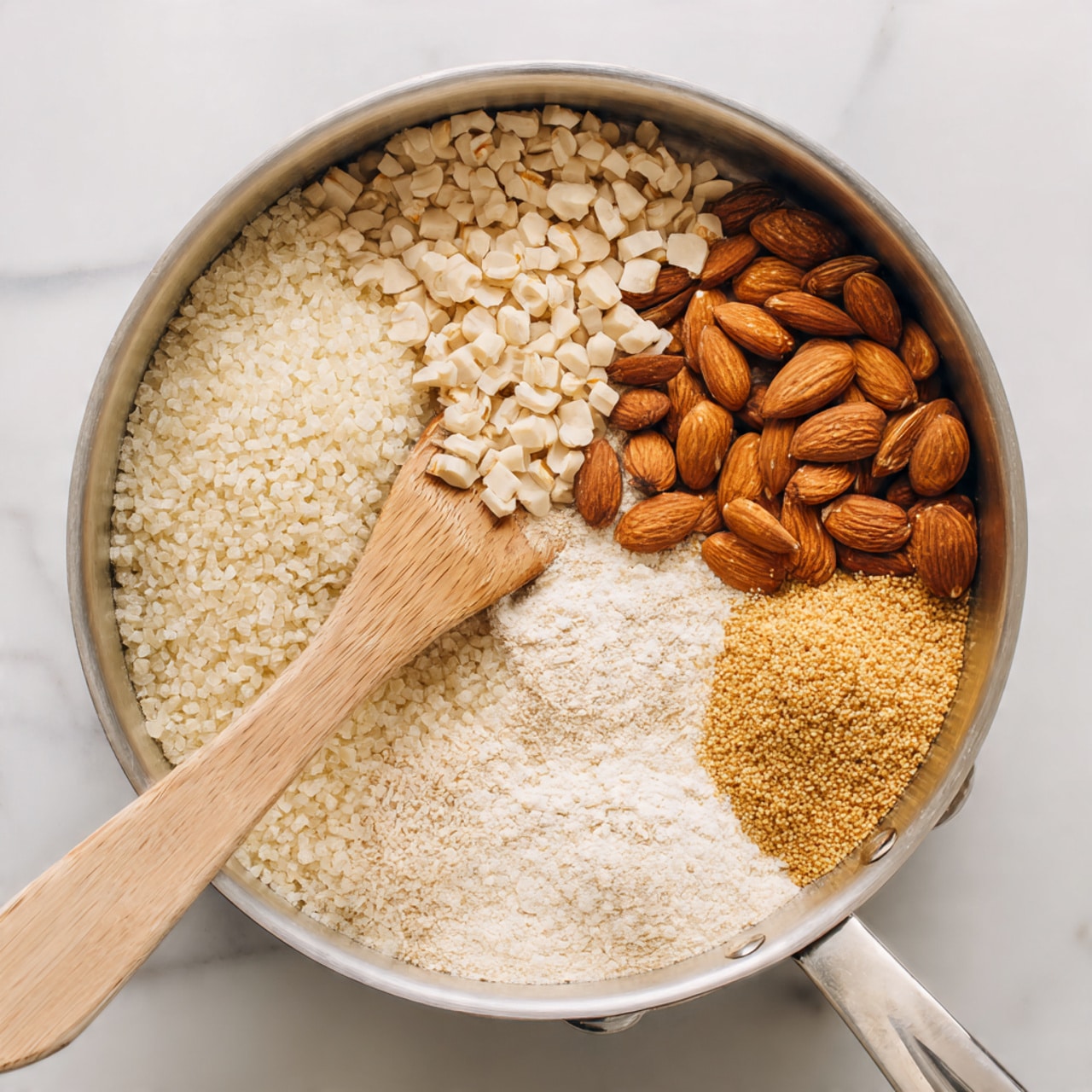 A large silver pot on a stove contains different dry ingredients arranged in separate sections, all touching but not mixed. On the left side, there are light beige puffed rice pieces with a soft texture. At the top right, there are chopped almonds with brown skins and white insides, showing a crunchy texture. Below the almonds, to the right center, there are light beige oats with a rough texture. At the bottom right corner, there is a small pile of a golden brown powdery substance. A light wooden spatula is placed diagonally inside the pot, with its handle on the left and blade touching the ingredients at the center. The background is a white marbled surface. Photo taken with an iphone --ar 4:5 --v 7