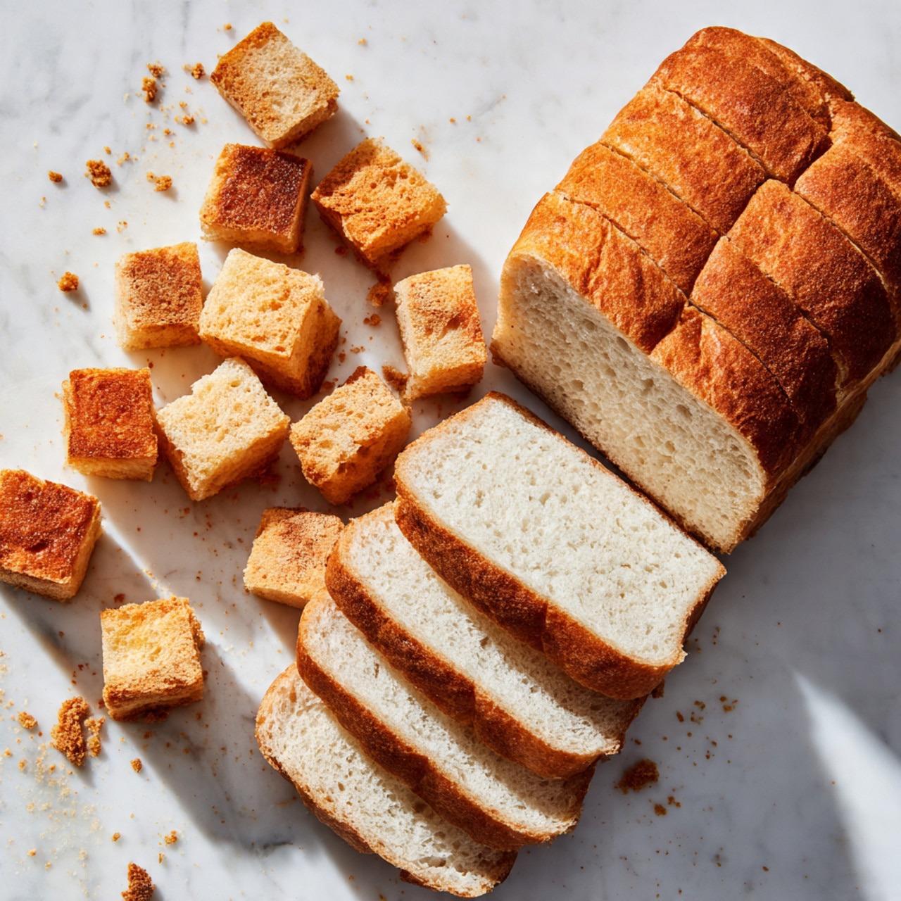 The image shows a white loaf of bread partly sliced on a white marbled surface. The loaf is positioned horizontally near the top, with several thick slices lined up on the right side. On the left side, near the middle, there are small cubes of bread, which look soft and fluffy with a light brown crust and white inside. Crumbs from the bread are scattered around the sliced and cubed pieces, adding texture to the white marbled surface. photo taken with an iphone --ar 4:5 --v 7
