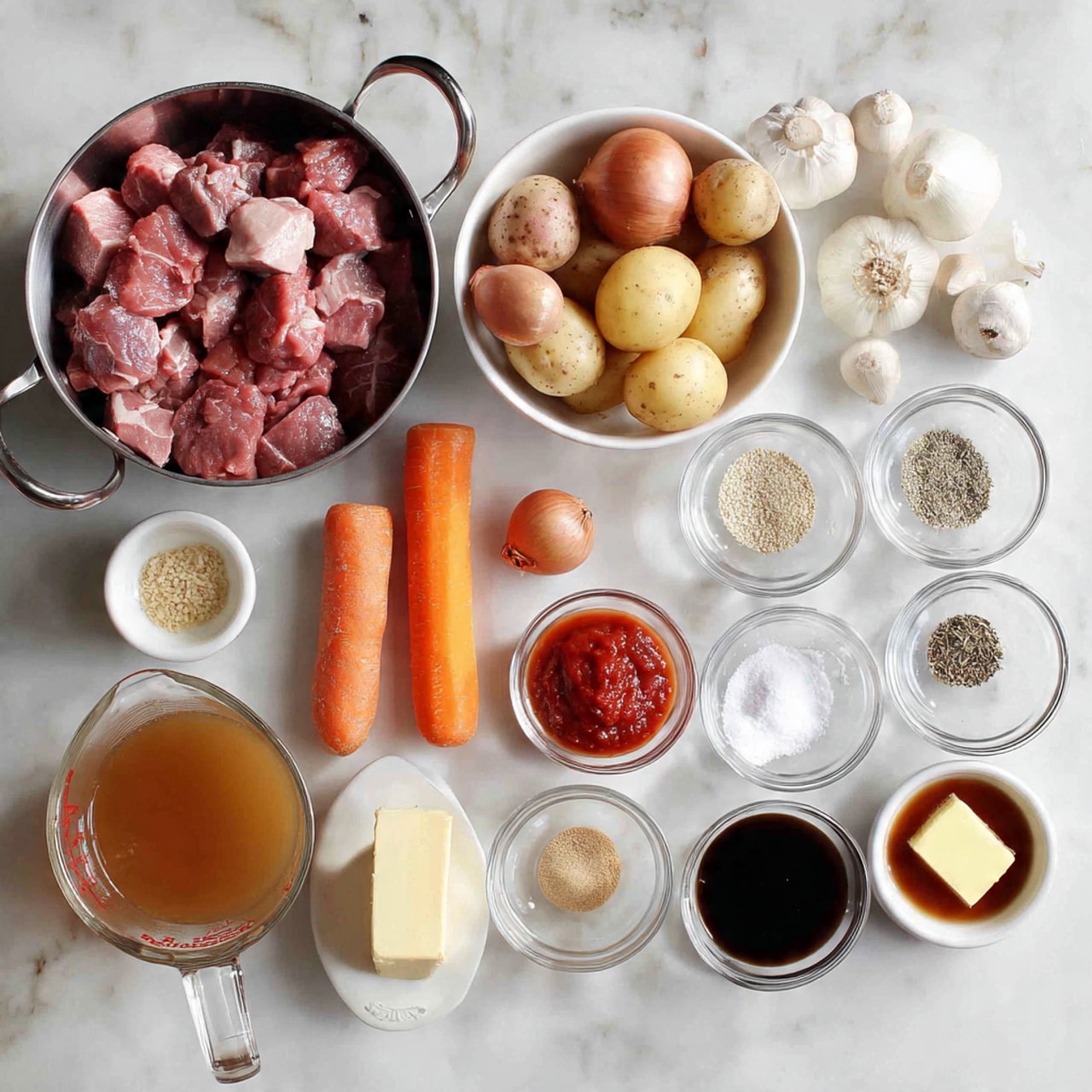 The image shows various cooking ingredients laid out neatly on a white marbled surface. There is one metal bowl on the top left filled with raw, pinkish beef pieces. Next to it, multiple white bowls and small glass bowls hold different ingredients: several small red potatoes, peeled small white onions, whole light brown mushrooms, bright orange whole carrots, a small pile of brown sugar, a blob of red tomato paste, a bulb of garlic, a small stick of butter, and small amounts of dark soy sauce and Worcestershire sauce in glass bowls. A glass measuring cup holds a brown liquid broth, and there are small piles of dried herbs and salt with pepper in shallow glass dishes. The setup appears clean and organized, ready for cooking preparation, photo taken with an iphone --ar 4:5 --v 7