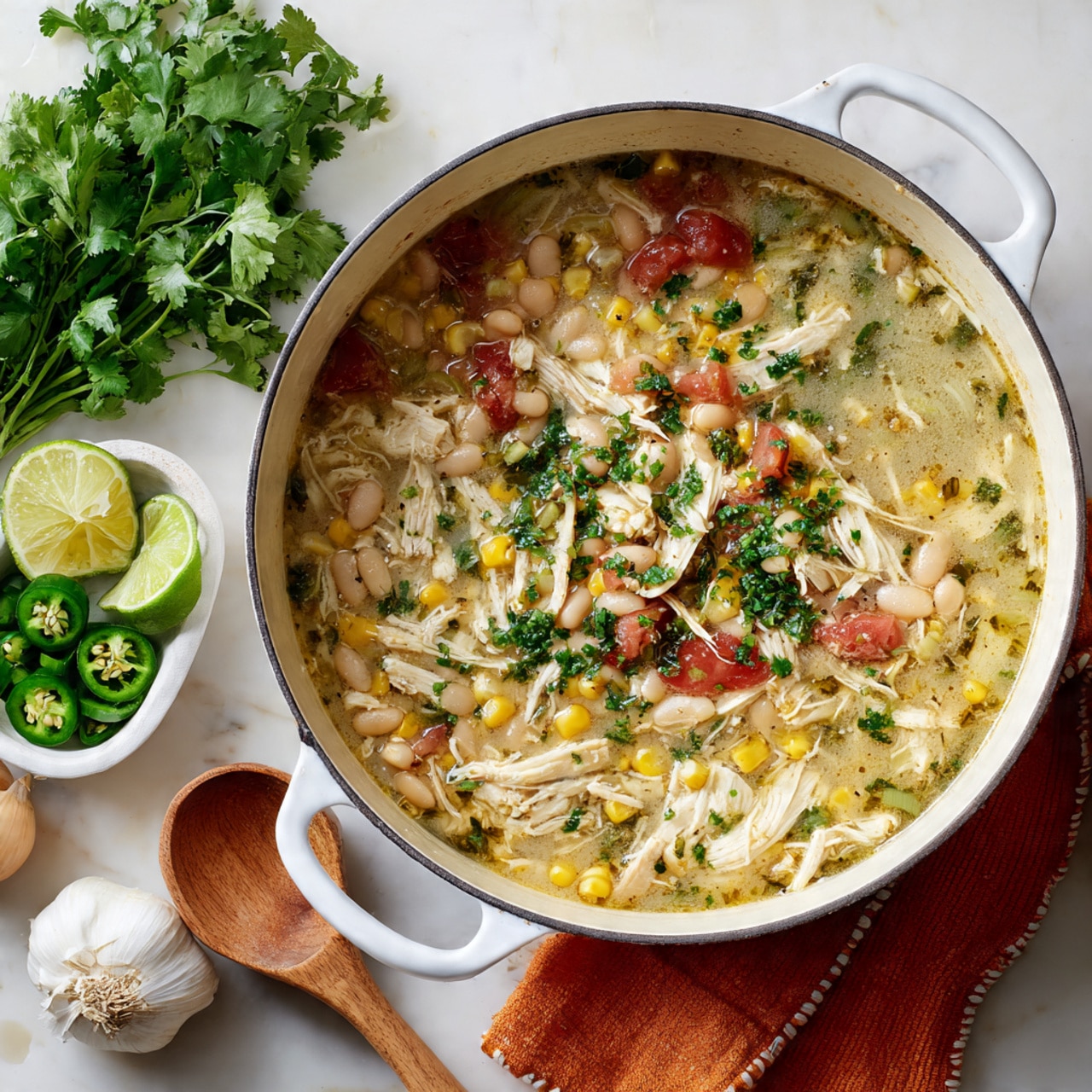 The image shows a bowl of creamy white soup filled with white beans, small pieces of shredded light beige chicken, and bits of corn, all mixed in a thick, pale broth. On top, there are three slices of bright green jalapeño, a small handful of shredded white cheese, and some chopped green herbs spread across the surface. The bowl is round, ceramic, and white, sitting on a white marbled surface. Around the bowl, there are halved limes with bright green flesh, a small white bowl filled with jalapeño slices, a green whole lime, and a shiny silver spoon resting on a soft orange cloth. Photo taken with an iphone --ar 4:5 --v 7