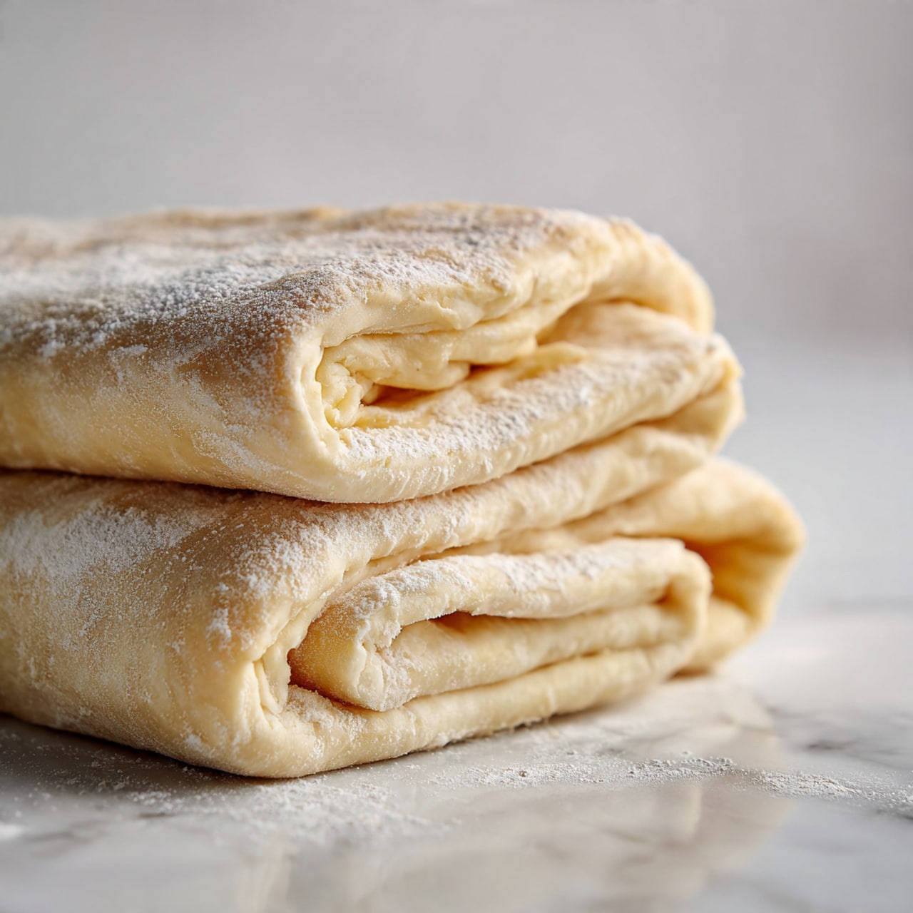 The image shows a folded dough with three visible layers stacked on top of a white marbled surface. The dough is light beige in color with a soft, slightly puffed texture, and the edges are rounded and smooth. The top layer appears slightly dusted with flour, giving a matte finish. The dough is folded neatly, showing the inner layers gently pressed together, with soft curves on the side where the folds meet. The background is plain and gradient white, making the dough the main focus. photo taken with an iphone --ar 4:5 --v 7