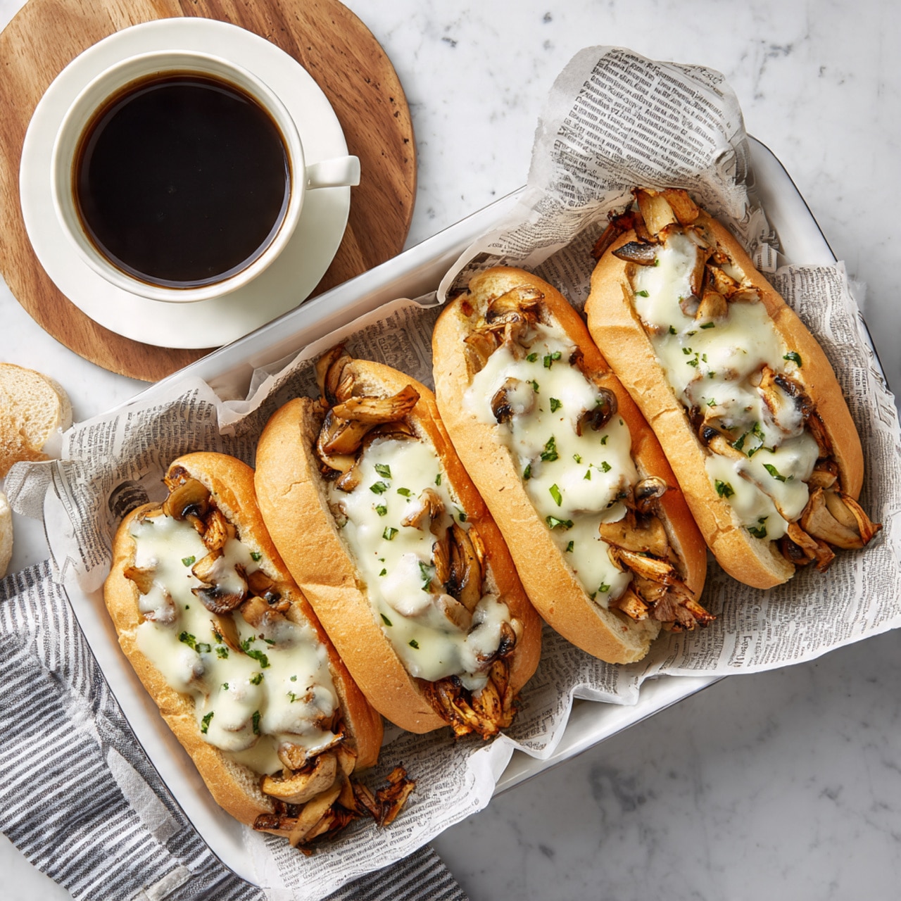 A close-up image shows a sandwich held by a woman's hand being dipped into a white bowl of brown broth. The sandwich has a light brown, soft bun sliced open, with layers inside showing dark grilled mushrooms and melted white cheese. Small green herb pieces are sprinkled on the sandwich, adding a touch of color. The scene is set on a white marbled surface with a blurred sandwich in the background, giving a clean and simple look. Photo taken with an iphone --ar 4:5 --v 7