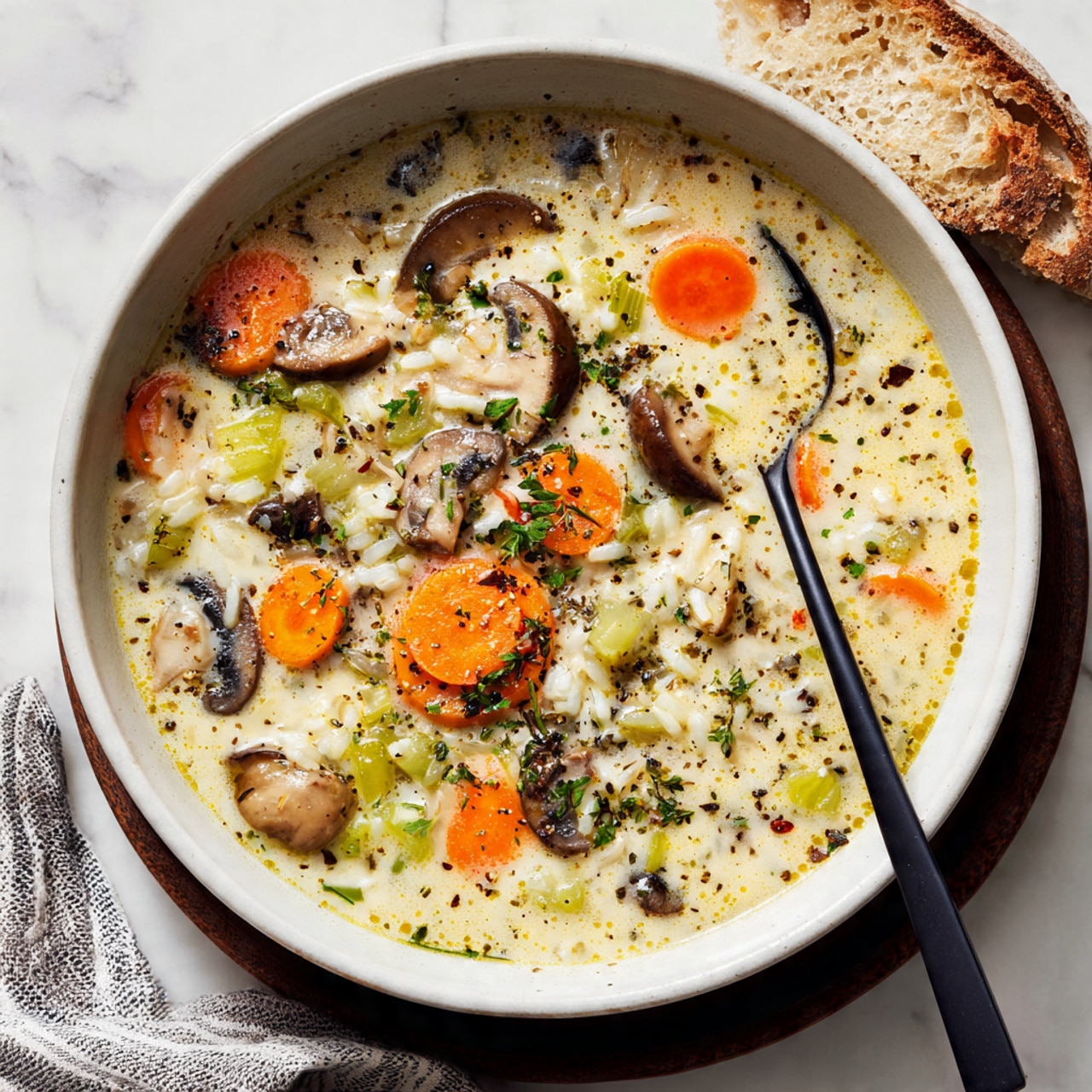 A large white pot with red handles filled with creamy, light brown soup that has small pieces of dark mushrooms, orange carrot bits, and green celery floating throughout. A grey ladle with a wooden handle is held above the pot by a woman's hand, showing a close-up of the soup in the ladle with visible mushroom slices, diced carrots, and celery pieces. The background is a white marbled surface. photo taken with an iphone --ar 4:5 --v 7
