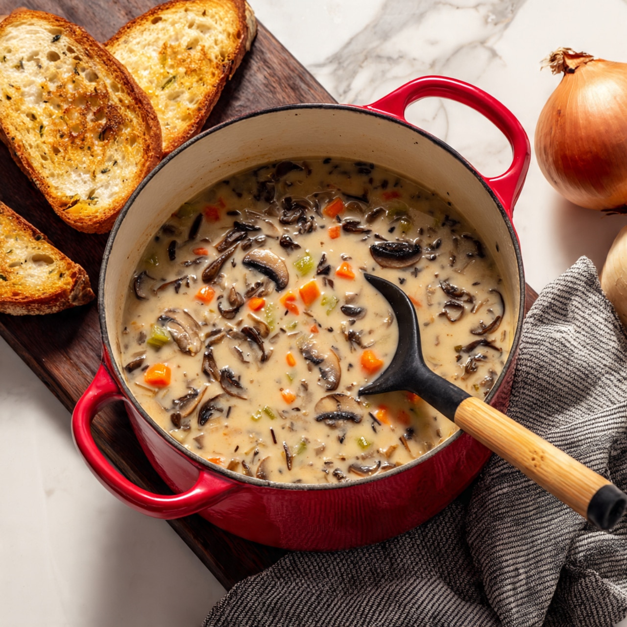A red pot filled with thick soup that has many small pieces of dark brown mushrooms, bright orange carrot cubes, and small green celery bits in a creamy beige broth. A black spoon with a light wooden handle rests inside the pot on the right side. Around the pot, there are three slices of toasted bread with golden brown colors placed on a dark wooden board, a whole brown onion on the right, and a folded striped gray cloth on a white marbled surface. The photo taken with an iphone --ar 4:5 --v 7