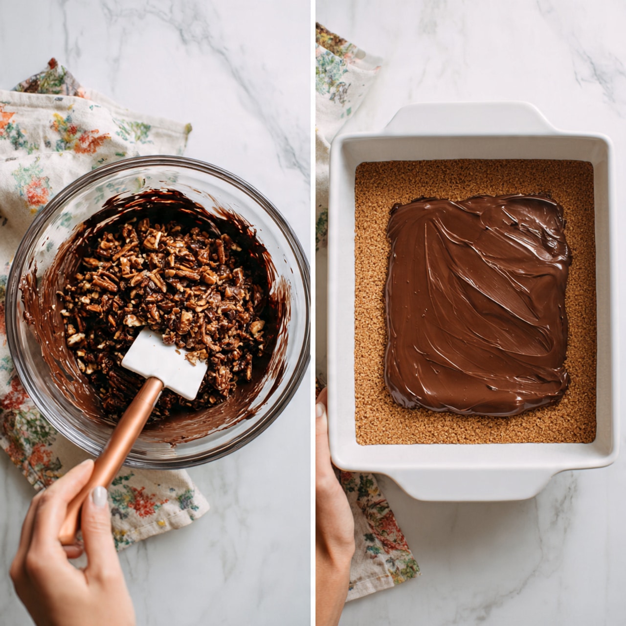The image shows two parts: on the left, a clear glass bowl with a thick, dark brown chocolate mixture filled with visible crunchy bits. A woman's hand holds a white spatula with a copper handle, stirring the chunky chocolate mixture. On the right, the same dark chocolate mixture is being spread with an offset spatula over a smooth, light brown crumb base inside a white square baking pan lined with parchment. The background has a white marbled texture with a floral cloth edge visible near the baking pan. Photo taken with an iphone --ar 4:5 --v 7