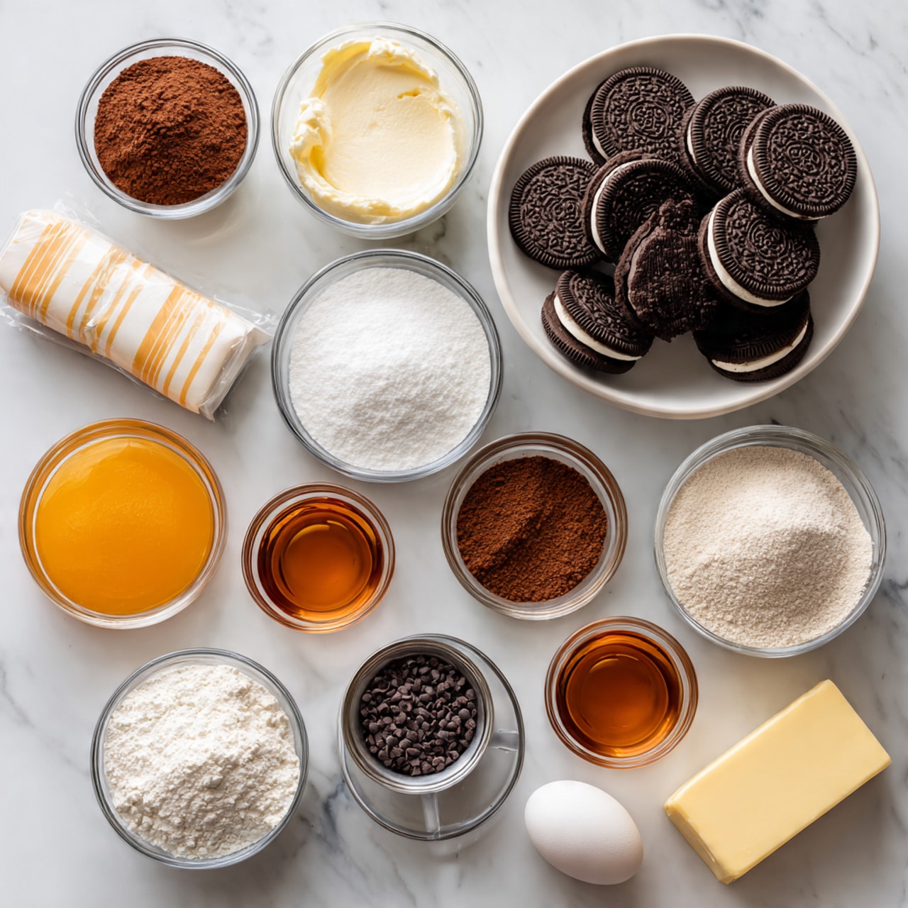 A top view shows multiple small clear glass bowls and one white bowl arranged neatly on a white marbled surface, each filled with different baking ingredients. The largest bowl in the top right contains stacked, round chocolate sandwich cookies with cream centers, showing dark brown and white layers. Surrounding it are bowls with light cream, white sugar, powdered white ingredient, dark cocoa powder, a mix of brown spices, small dark chocolate chips, white flour, and sugary white powder. There's also a single white egg and a wrapped stick of orange-striped butter. Three small metal cups hold clear to deep amber liquids, completing the spread. Photo taken with an iphone --ar 4:5 --v 7