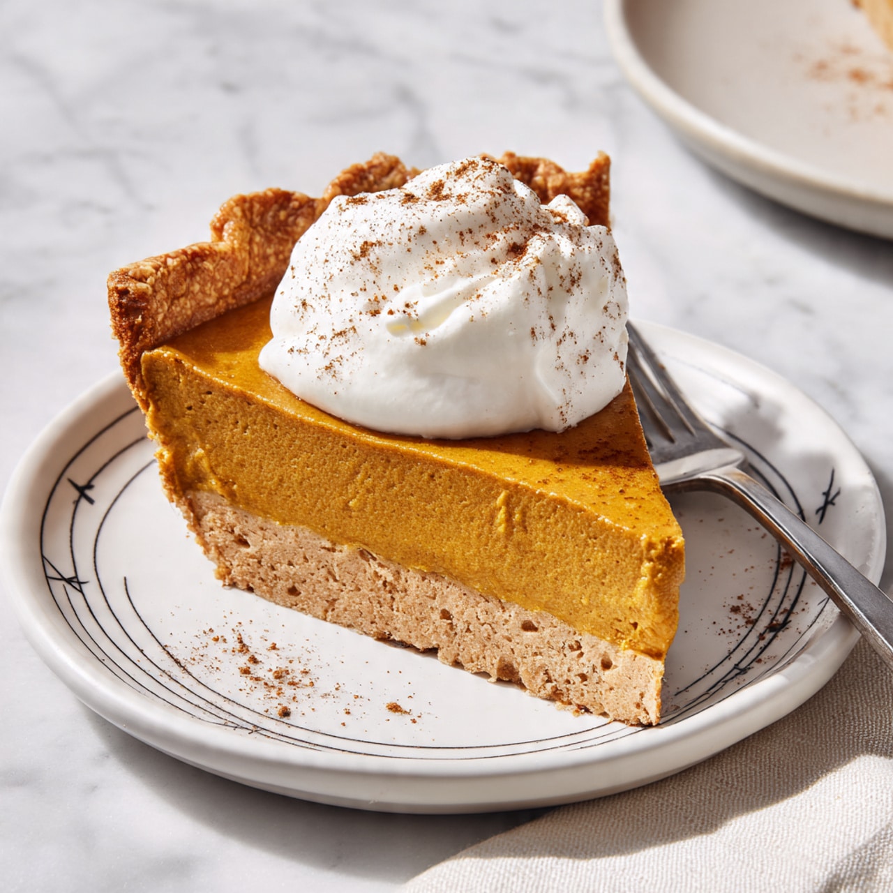 A slice of pumpkin pie is shown on a white plate with thin gray rings and small dark cross marks near the edge. The pie has two main layers: a golden brown crust on the bottom with a slightly textured surface, and a thick, smooth orange pumpkin filling on top. The pumpkin layer is dense and shows a few small air holes. A dollop of white whipped cream rests on center top of the pie slice, sprinkled lightly with brown cinnamon powder. A metal fork lies on the plate beside the pie. The setting is on a white marbled surface. photo taken with an iphone --ar 4:5 --v 7