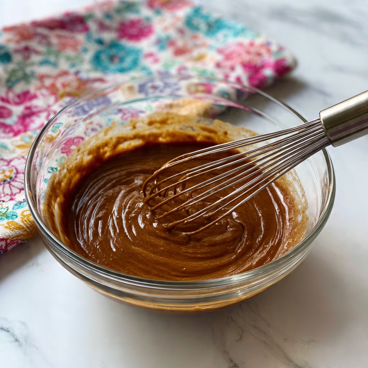 A glass mixing bowl on a white marbled surface holds a single layer of smooth, thick, rich brown batter being stirred by a metal whisk. The batter has a glossy texture with a swirl pattern from the motion of mixing. The background shows a hint of a colorful fabric in soft focus. Photo taken with an iphone --ar 4:5 --v 7