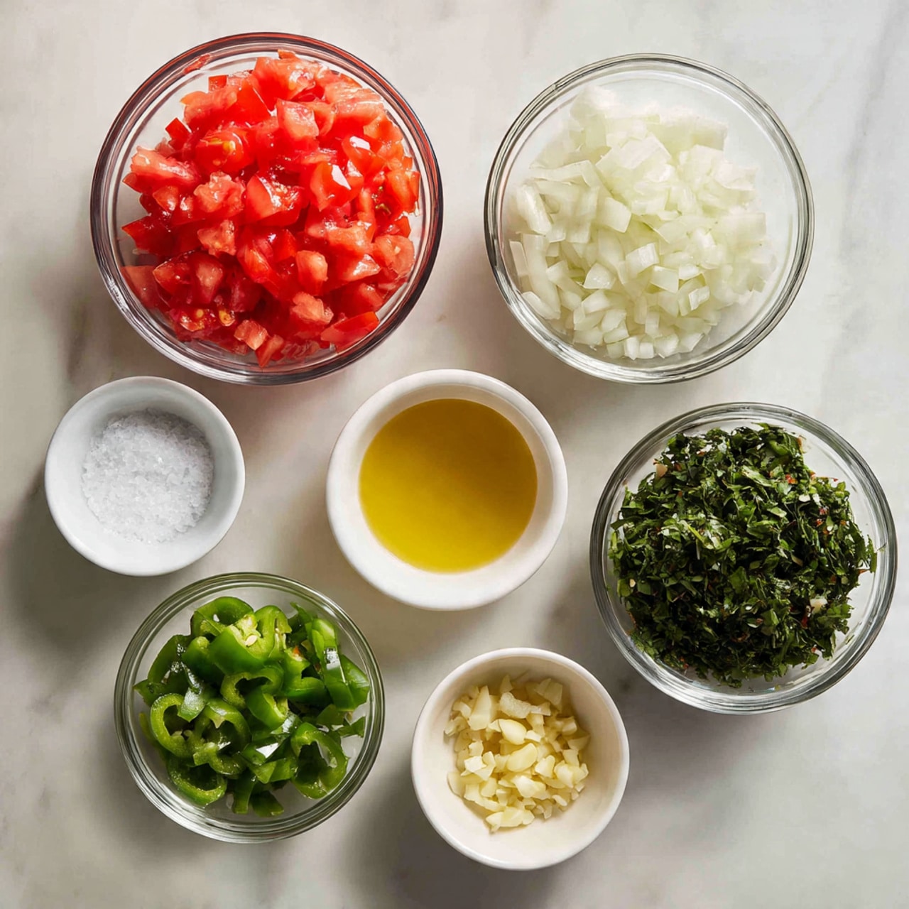The image shows seven small clear glass bowls arranged on a white marbled surface. The top left bowl has a large amount of finely diced bright red tomatoes. Moving clockwise, the next bowl holds finely chopped white onions, slightly translucent. To the right, there is a bowl filled with roughly chopped dark green fresh herbs. Below, a smaller bowl contains a white granular substance that looks like salt. In the center, one bowl contains a light yellow liquid, likely oil or vinegar. Above it, a very small bowl holds minced pale yellow garlic. Lastly, on the bottom left, a bowl with finely chopped bright green jalapeño peppers completes the arrangement. The bowls are evenly spaced, viewed from above, giving a clean and organized look. photo taken with an iphone --ar 4:5 --v 7