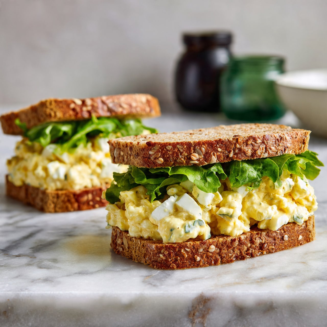 The image shows two egg salad sandwiches on a white marbled surface. Each sandwich has three layers: the bottom slice is whole grain bread with a coarse, grainy texture and light brown color; above this is a thick layer of creamy, pale yellow egg salad with visible chunks of egg white mixed with mayonnaise or dressing; the top layer is fresh green leafy lettuce with slightly ruffled edges, providing a mix of dark and light green shades; the sandwich is closed with a matching slice of toasted whole grain bread with a rough texture and toasted brown spots. In the background, there are blurred objects including a green and black jar and a white bowl. Photo taken with an iphone --ar 4:5 --v 7