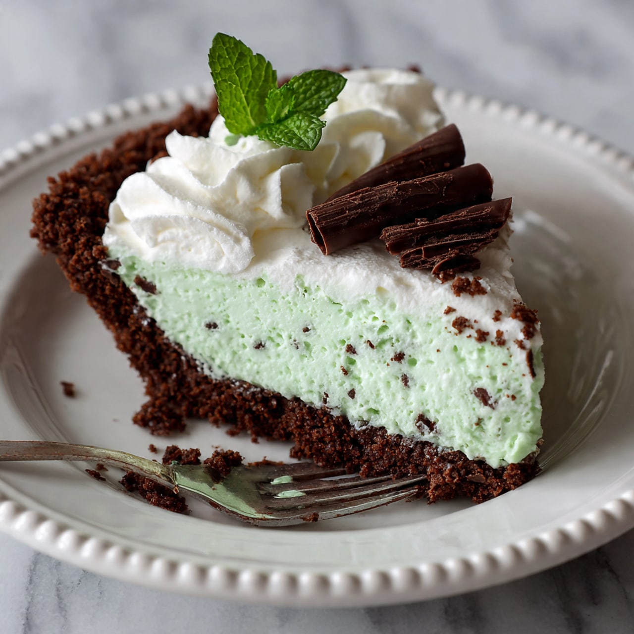 The image shows a single slice of a mint chocolate pie on a white plate with a decorative edge. The pie has three visible layers: a dark brown crumbly crust at the bottom and sides, a thick light green creamy mint layer with small chocolate bits mixed in the middle, and a generous swirl of white whipped cream on top. There is a dark chocolate curl placed near the front edge of the pie slice and a fresh green mint leaf resting on the whipped cream. A fork with a bit of the mint filling is placed at the lower right corner of the plate. The background is a white marbled surface. Photo taken with an iphone --ar 4:5 --v 7