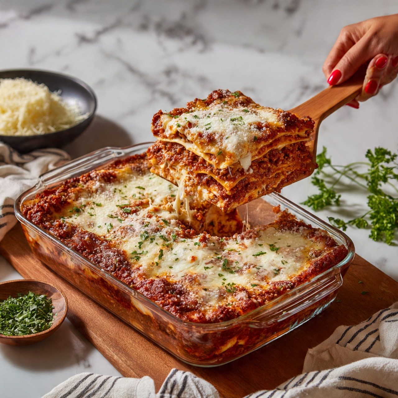 A rectangular glass baking dish holds a baked lasagna with a top layer of melted, browned cheese mixed with chunky tomato meat sauce scattered unevenly. Small bits of green parsley are sprinkled across the surface for color. The lasagna appears to have multiple layers beneath the sauce and cheese, visible where sauce slightly curls at edges. The dish is set on a white marbled surface. photo taken with an iphone --ar 4:5 --v 7