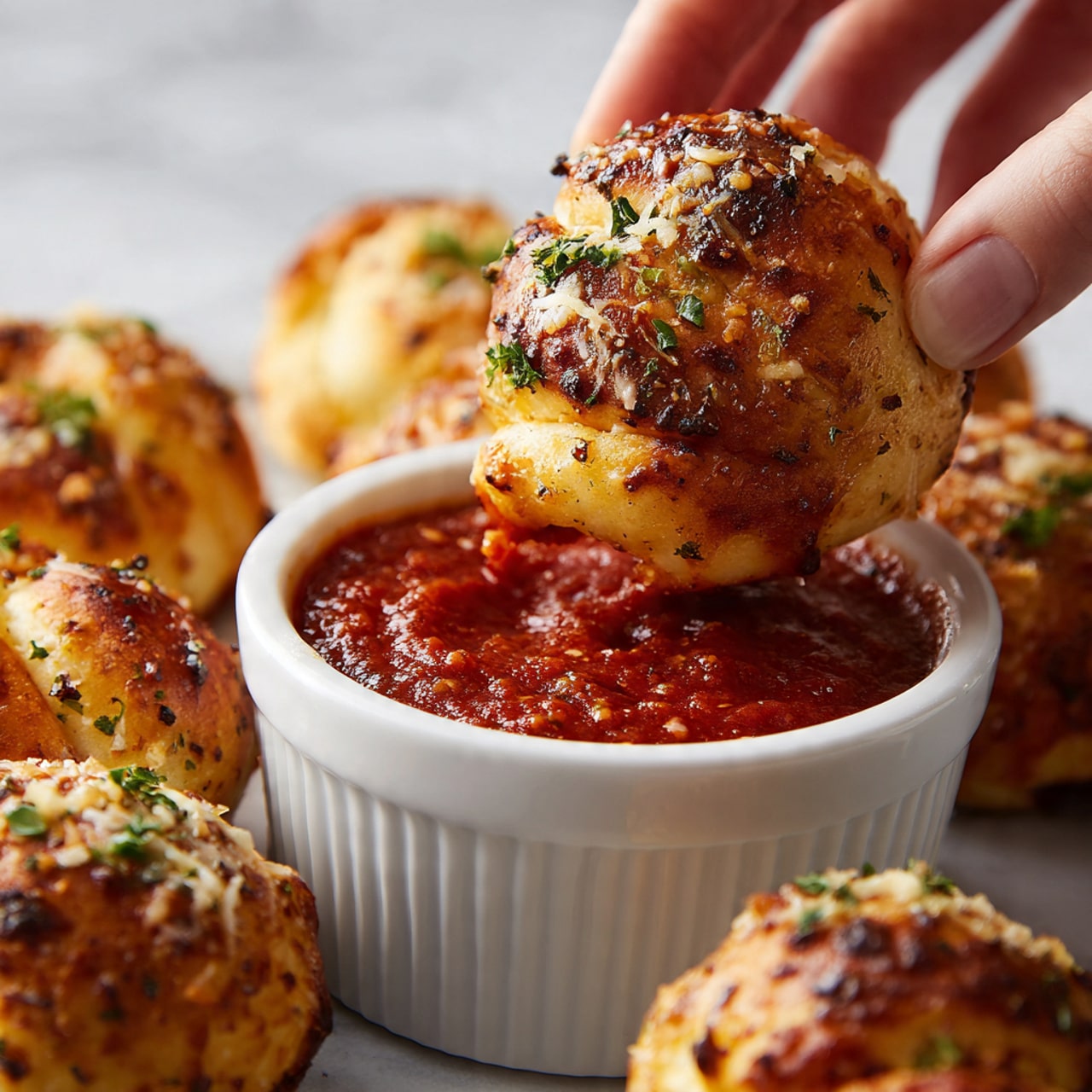 A close-up shows a woman's hand dipping a golden-brown garlic knot into a small white ramekin filled with thick, textured red marinara sauce sprinkled with tiny bits of herbs and cheese. The garlic knot is round, soft, and shiny with visible specks of black pepper and herbs, topped with grated parmesan and small green parsley pieces. The white ramekin sits on a white marbled surface, surrounded by several more garlic knots with the same golden, herb-speckled texture. The lighting highlights the glossy finish of the knots and the rich, chunky texture of the sauce photo taken with an iphone --ar 4:5 --v 7