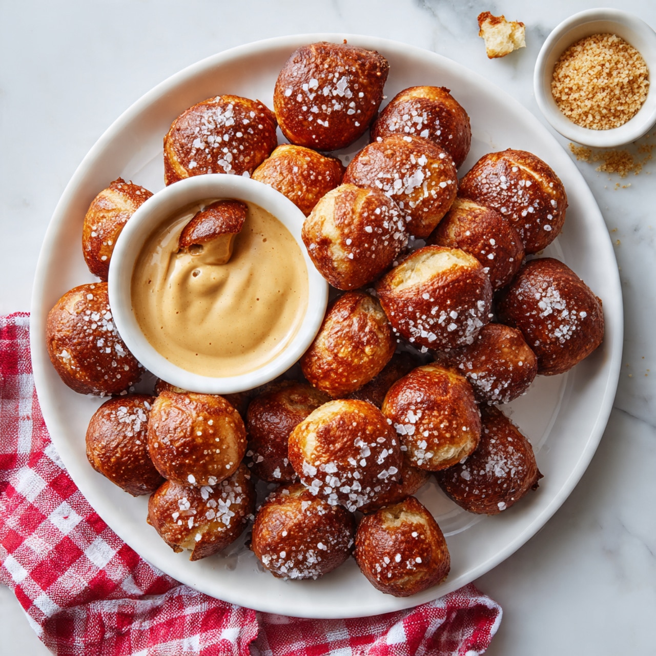 A large pile of small soft pretzel bites is shown on a white marbled surface. The center stack is coated in a thick layer of cinnamon sugar, giving the pretzel bites a grainy texture and a mixture of light and dark brown colors. Surrounding this central pile are plain pretzel bites with a smooth golden-brown crust topped with large salt crystals, adding a rough, sparkling texture. In the lower left corner, a red and white checkered cloth is slightly visible, adding a pop of color to the scene. photo taken with an iphone --ar 4:5 --v 7