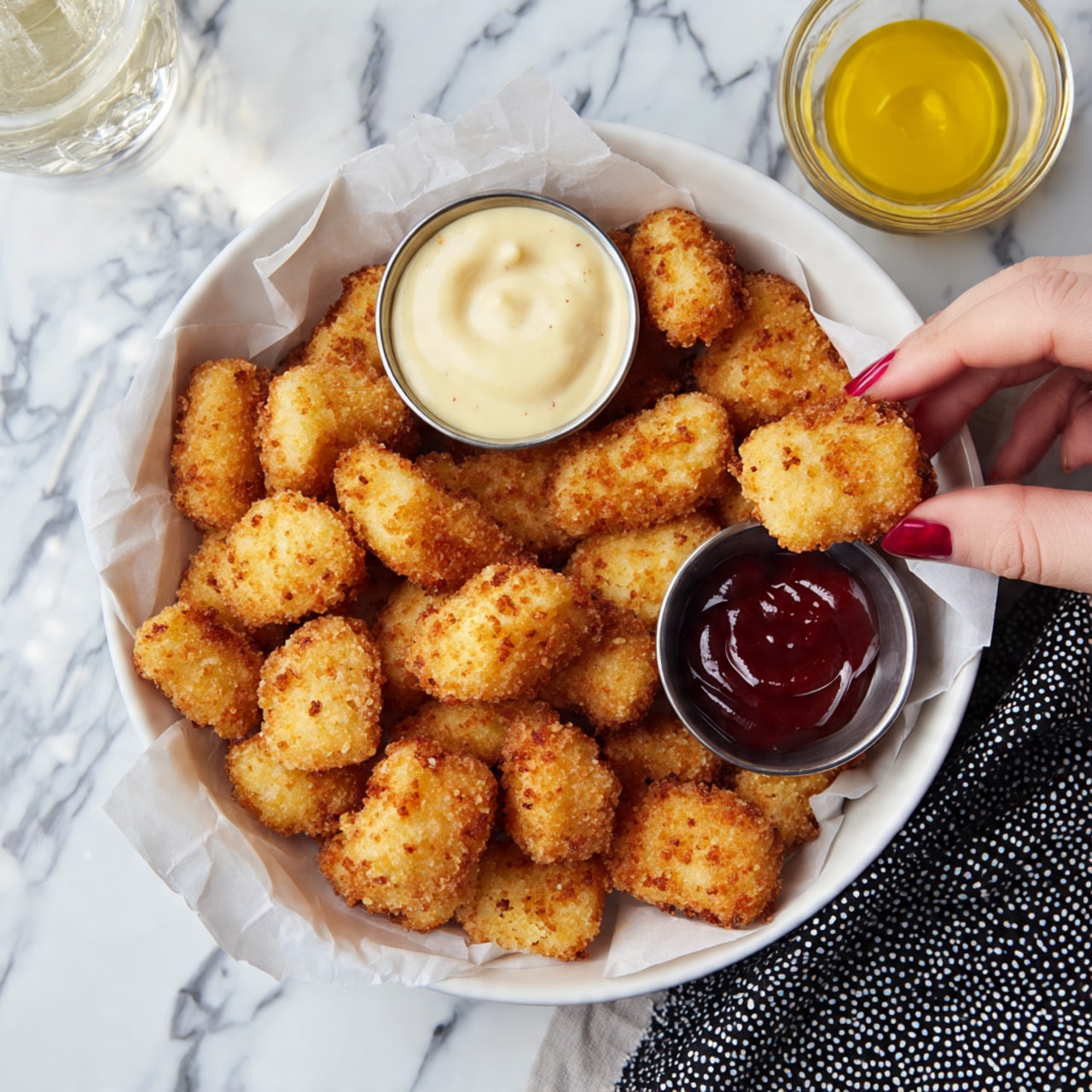 A white round bowl lined with white paper holds many golden brown breaded nuggets arranged in a loose pile. On top of the nuggets, there are two small metal cups with dipping sauces; the left one with a creamy white sauce and the right one with a dark red sauce. A woman's hand is dipping one nugget into the creamy white sauce. The bowl sits on a white marbled surface with a black and white patterned cloth partially visible underneath. In the top right corner, a small clear glass bowl contains a yellow sauce. Photo taken with an iphone --ar 4:5 --v 7
