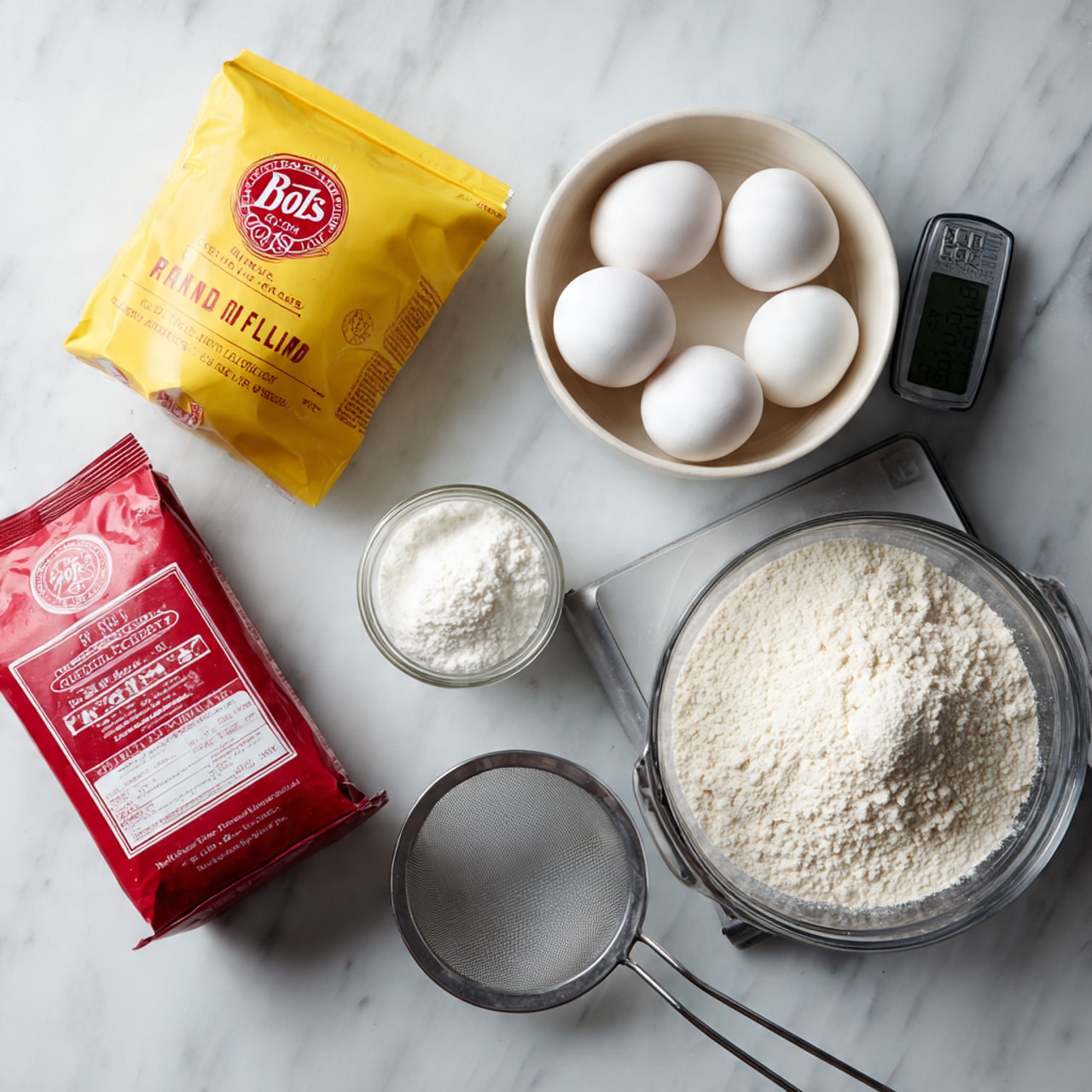 The image shows several baking ingredients and tools neatly arranged on a white marbled surface. There is a yellow bag of Bob’s Red Mill almond flour on the left, beside a small white cup filled with powdered sugar. Next to the cup is a small clear jar of cream of tartar. In the center, four white eggs sit in a white bowl placed on a black digital kitchen scale. Towards the right, there is a metal sifter resting on a large clear mixing bowl. The overall setup is clean and organized, ready for baking preparation. photo taken with an iphone --ar 4:5 --v 7