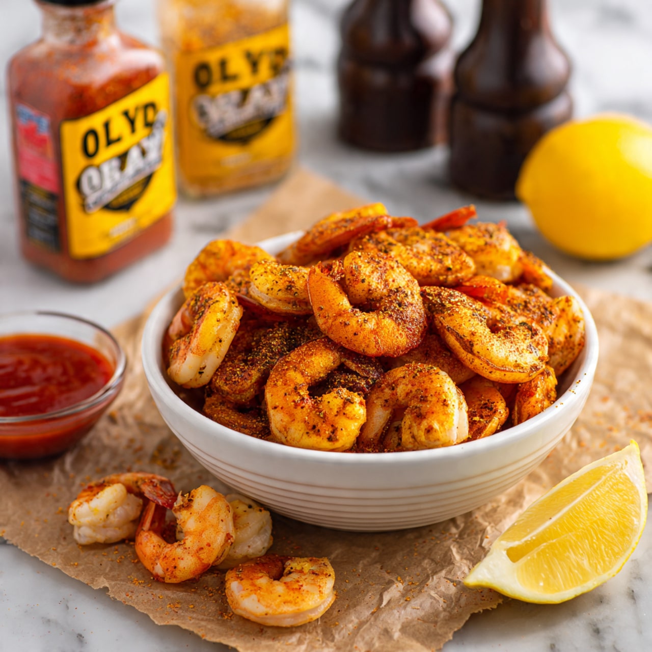 A white bowl filled with many cooked shrimp, orange with light brown seasoning scattered on top, placed on a sheet of brown paper over a white marbled surface. In front of the bowl, there are some shrimp shells and a lemon wedge with a bright yellow color. On the left side, there is a small clear glass bowl with red sauce. In the background, there is a yellow and red Old Bay seasoning box and two dark brown bottles with caps, one cap is open and lying flat. photo taken with an iphone --ar 4:5 --v 7