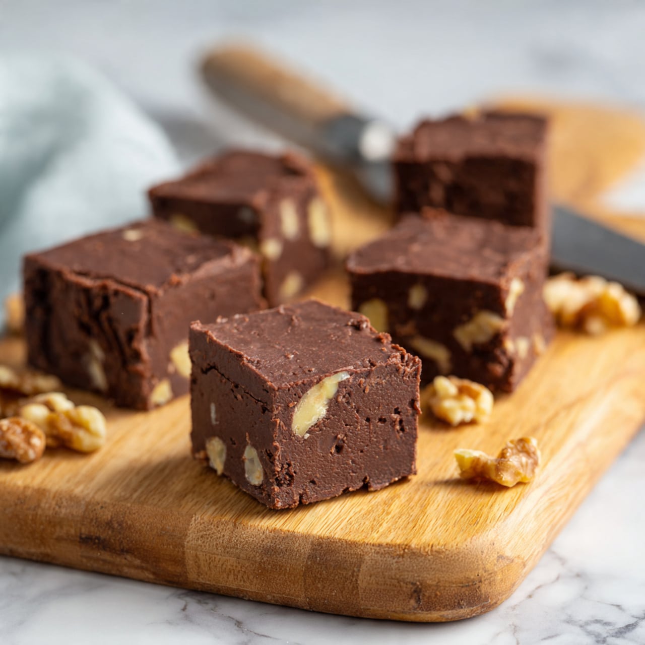 The image shows several small square pieces of dark chocolate fudge with bits of walnuts inside, placed on a wooden cutting board. The fudge pieces have a smooth, shiny top layer and dense texture with visible nut pieces scattered throughout. The wooden board has a natural light brown color with visible wood grain. Some fudge squares are placed close together while others are spaced out, with a slightly blurred kitchen knife in the background on the wood board. The background is a white marbled surface. photo taken with an iphone --ar 4:5 --v 7