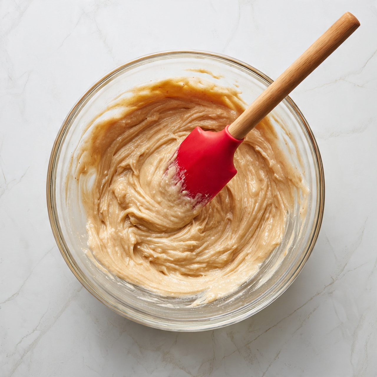 Inside a clear glass bowl, there is thick, light brown batter with a smooth and creamy texture. The batter is mixed well with swirled patterns visible on the surface, showing some ridges and soft peaks. A red spatula with a wooden handle rests partially inside the bowl, its tip covered in the batter. The background features a white marbled texture. photo taken with an iphone --ar 4:5 --v 7