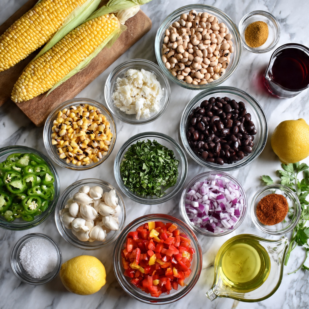 The image shows many clear glass bowls and a white measuring cup placed on a white marbled surface, each holding a different ingredient. Two ears of yellow and white corn lie on a small wooden board at the top left. Around them are bowls filled with beige black-eyed peas, dark brown beans, bright red chopped bell peppers, chopped purple onions, chopped green herbs, and diced green jalapeños. Smaller bowls contain white salt, white sugar, red chili powder, brown cumin powder, finely chopped white garlic, yellow lemon juice, and a glass measuring cup with a light green liquid, likely oil. Near the top right, a small glass holds a deep red liquid. The scene is bright, clean, and neatly arranged, with all ingredients clearly visible. photo taken with an iphone --ar 4:5 --v 7