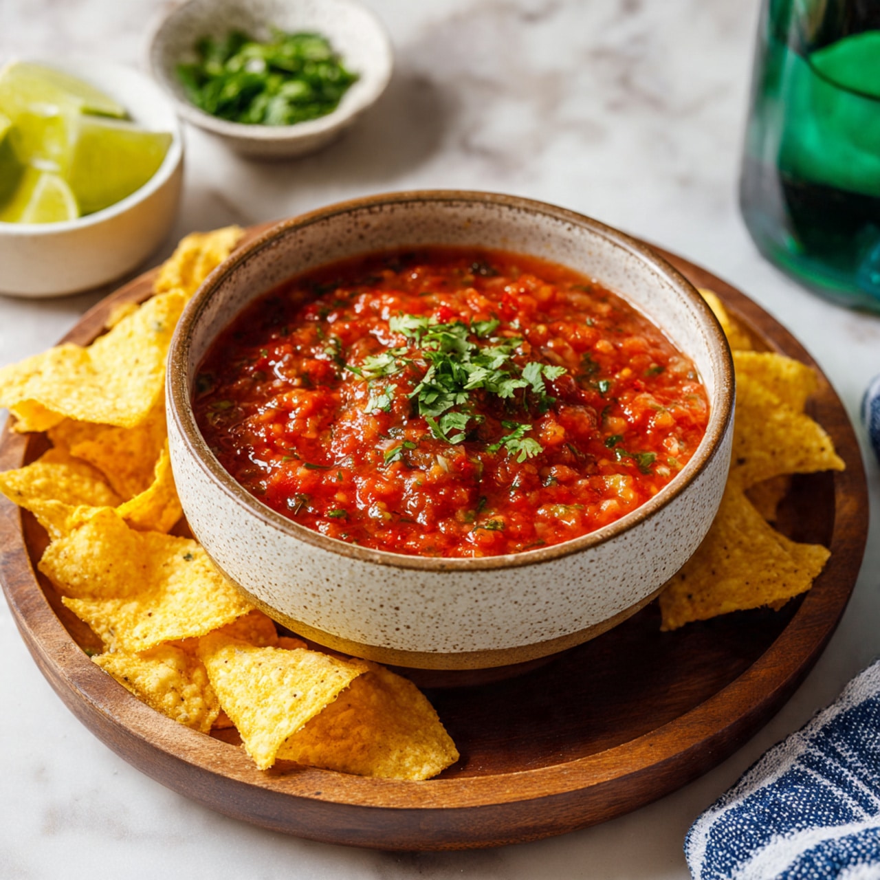 The image shows a bowl of red salsa topped with small green cilantro leaves, placed inside a beige bowl with a speckled texture and darker rim. The bowl is set on a medium brown round wooden plate, surrounded by light yellow tortilla chips layered around the bowl. In the background on a white marbled surface, there is a white bowl with green lime wedges, a small blurred white bowl with green chopped herbs, and a green bottle. A blue and white striped cloth is partially visible on the right side. Photo taken with an iphone --ar 4:5 --v 7