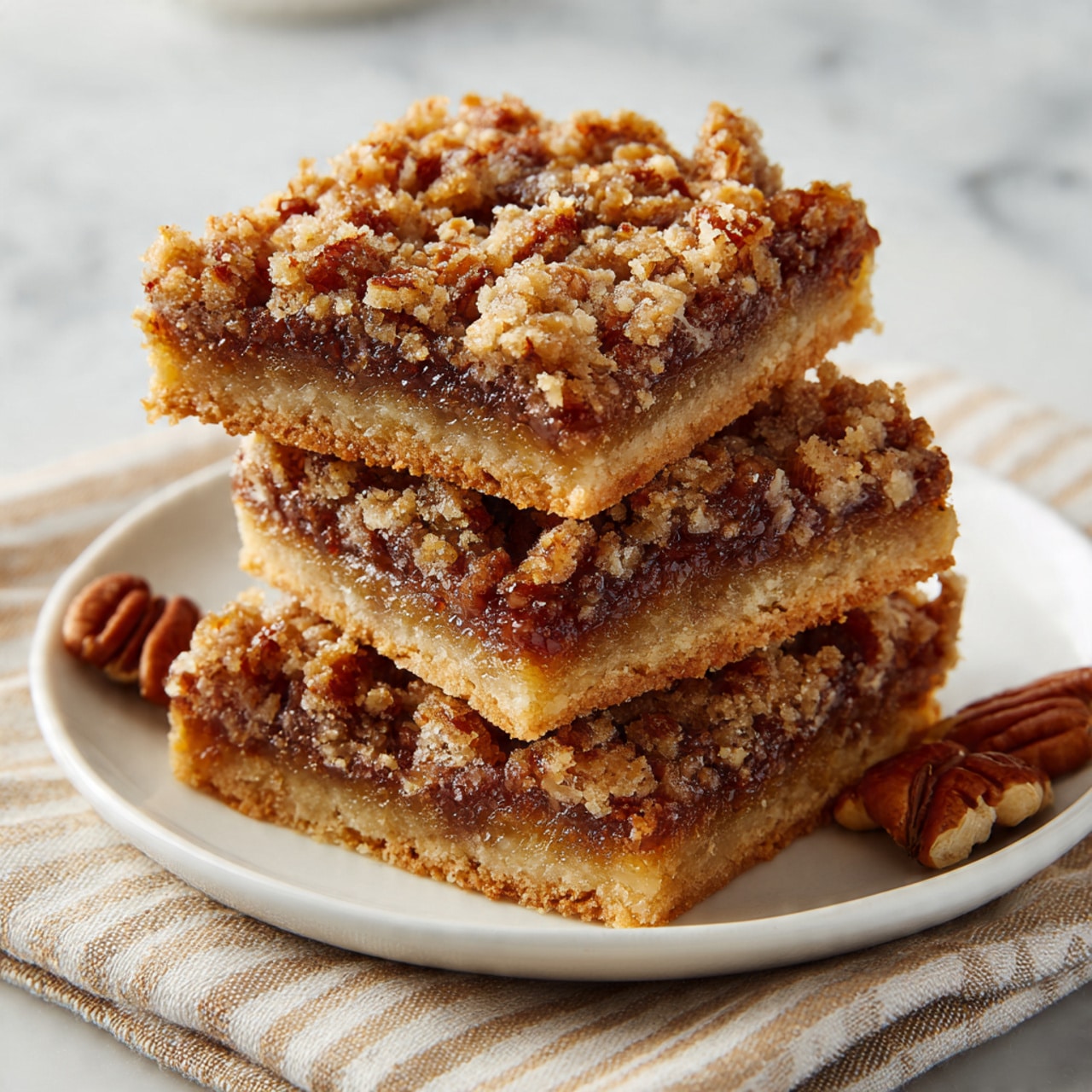 Seven square pecan bars with a dark brown color and a crumbly nutty texture are arranged on a white oval plate, each topped with visible chopped pecans and a sprinkling of coarse sea salt. One piece is held by a woman's hand at the bottom left of the plate. Above the plate, a single pecan bar rests on a white round plate with a silver spoon beside it, holding some light cream sauce. To the right, a white cup filled with creamy beige coffee with light froth is placed next to a beige and white striped cloth napkin. A small white ceramic bowl with coarse salt is on the left near the plate. The entire setting is on a white marbled surface photo taken with an iphone --ar 4:5 --v 7