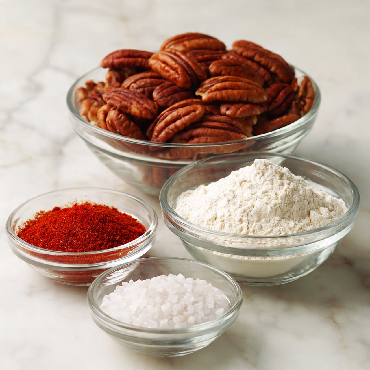The image shows four clear glass bowls placed on a white marbled surface. The largest bowl is filled with whole pecans that have a rich brown color and a grooved texture. Next to it is a medium-sized bowl containing a white powdery substance, likely powdered sugar or flour. In front of these two are two smaller bowls; one holds a bright red spice, possibly paprika or chili powder, and the other contains coarse white salt crystals. The arrangement is simple with all bowls clearly visible and the different colors and textures of the ingredients stand out against the white marbled surface photo taken with an iphone --ar 4:5 --v 7
