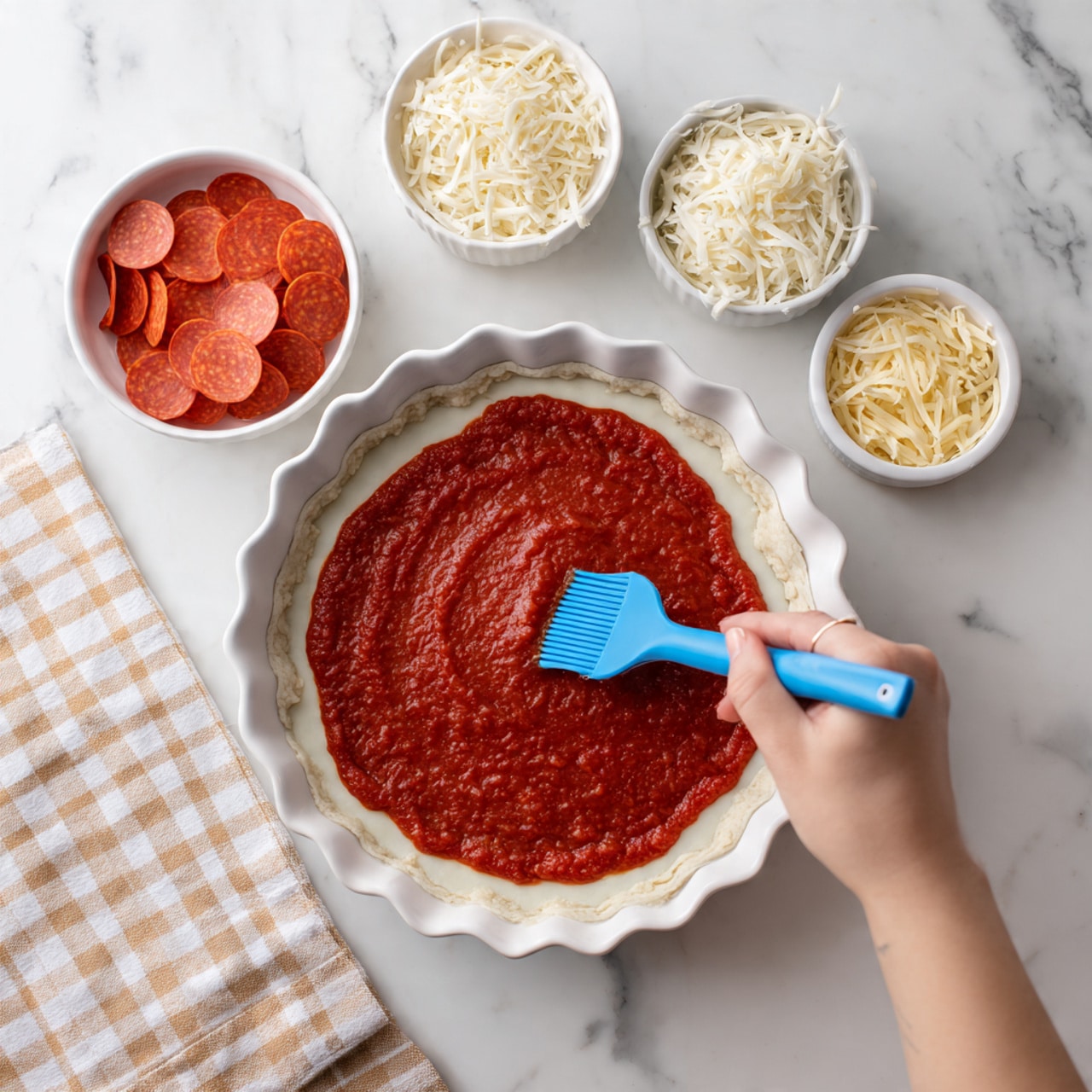 A white scalloped dish is shown with two visible layers: the bottom layer is smooth and creamy white, while the top layer is a thick, bright red sauce being spread evenly with a blue spatula held by a woman's hand in the bottom right corner. Around the dish, there are three small white bowls, one with round slices of bright red pepperoni, one with shredded white cheese, and one with grated light yellow cheese. A beige and white checkered cloth is partially visible on the left side. The setting is on a white marbled surface. Photo taken with an iphone --ar 4:5 --v 7