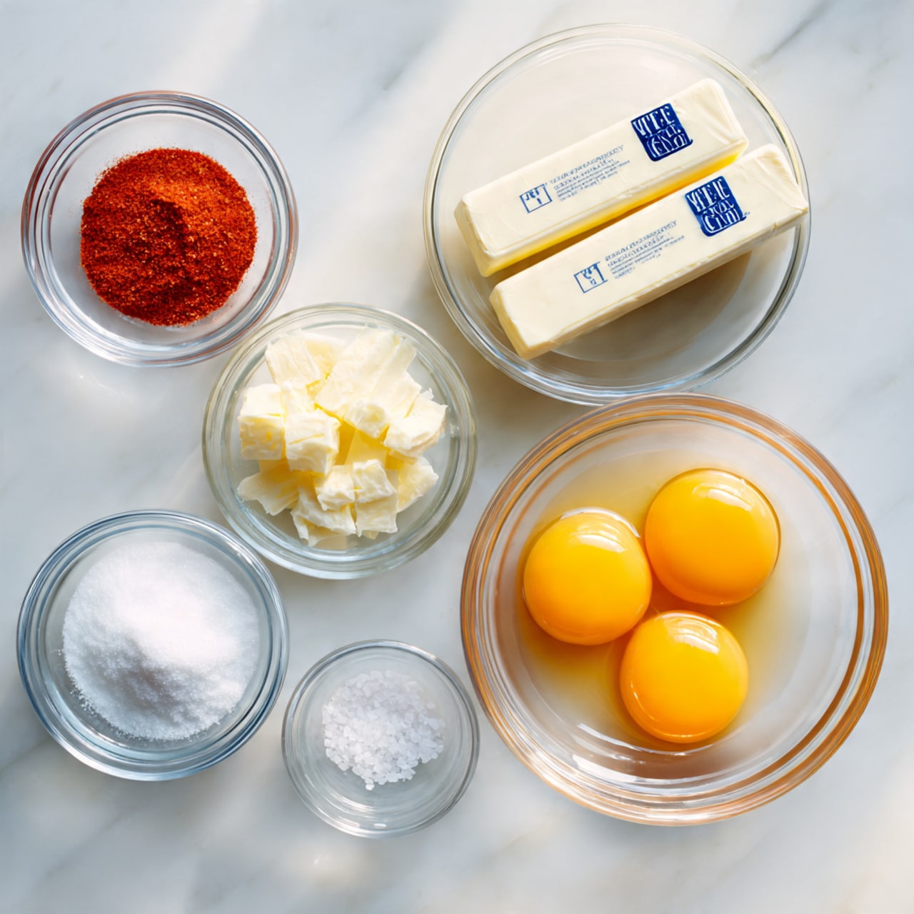 A top view of several clear glass bowls and butter sticks arranged on a white marbled surface: one large bowl in the center contains three bright yellow egg yolks, positioned closely together; next to it on the right, a medium bowl holds translucent egg whites; above them, two sticks of pale yellow butter with blue text on their wrappers lie side by side; on the left, three smaller bowls contain a bright red powder spice at the top, white granulated salt in the middle, and an empty bowl at the bottom. Photo taken with an iphone --ar 4:5 --v 7