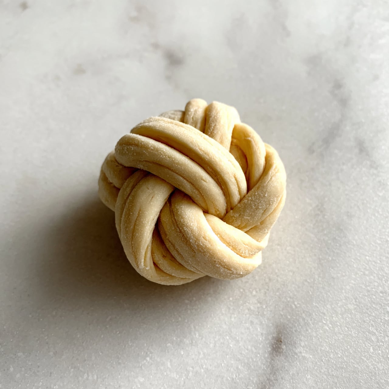 A single small dough ball twisted into a tight knot rests on a white marbled surface. The dough is smooth, pale cream in color, with slight shadows showing its soft and elastic texture. The background’s light gray veins gently contrast with the dough’s creamy tone, making the knot the main focus. photo taken with an iphone --ar 4:5 --v 7