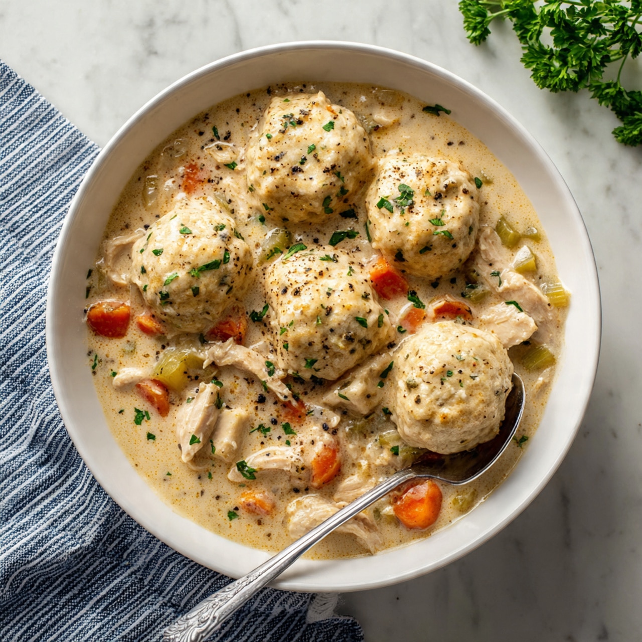 A white bowl is filled with a creamy light beige stew that has chunks of white meat, bright orange carrot pieces, and pale green celery bits mixed throughout. On top, there are five soft, golden biscuit-like dumplings sprinkled with green herbs and black pepper. The stew looks thick and smooth with small flecks of herbs. A shiny silver spoon rests inside the bowl on the right side. The bowl is placed on a white marbled surface with a blue and white striped cloth near the lower left edge and some green parsley leaves on the upper right side. Photo taken with an iphone --ar 4:5 --v 7