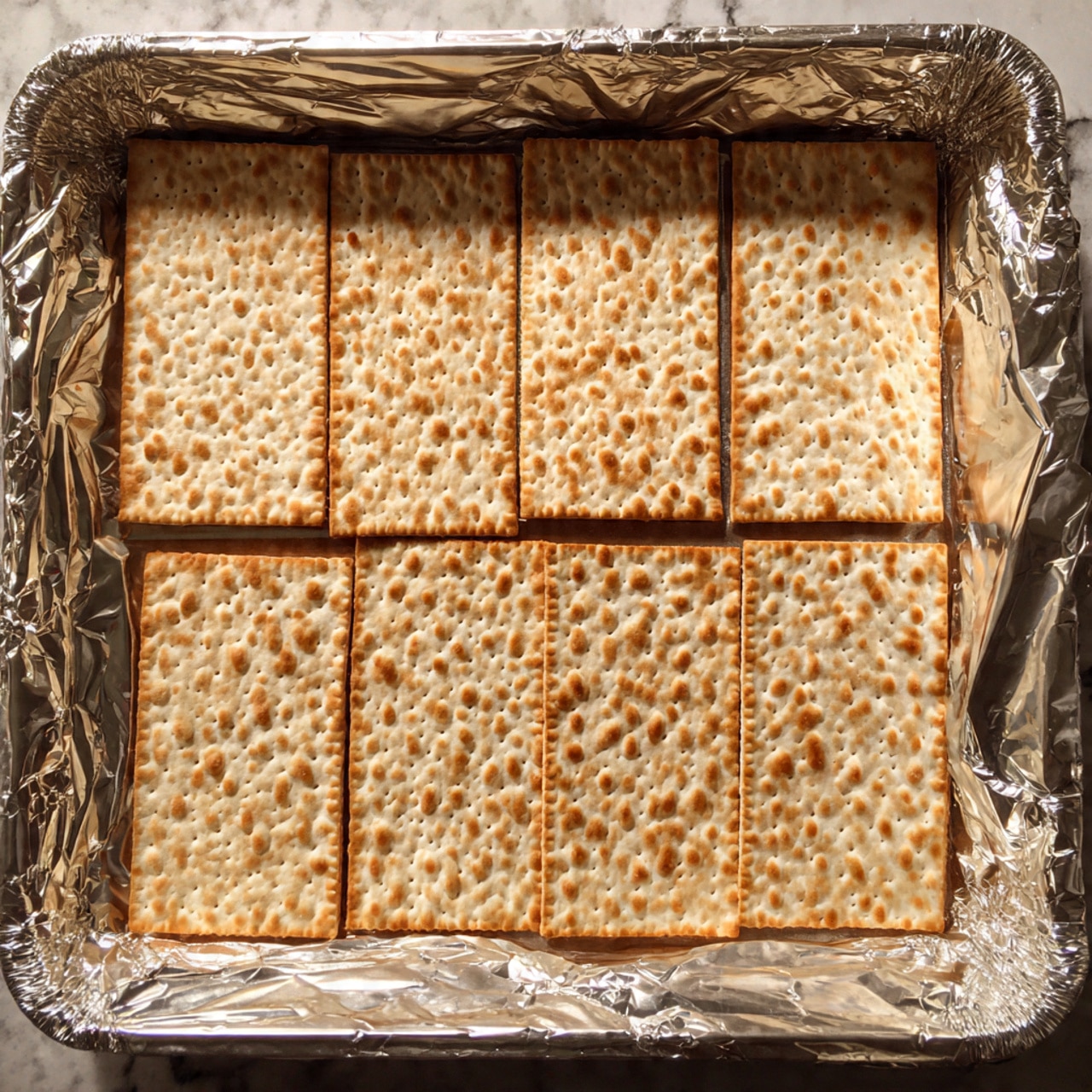 A baking tray lined with crinkled aluminum foil holds six pieces of matzah, arranged in two rows. The matzah is pale beige with a slightly toasted, golden-brown texture showing uneven spots on the surface. The background is a white marbled texture, and the foil adds shiny silver reflections around the edges of the tray. photo taken with an iphone --ar 4:5 --v 7