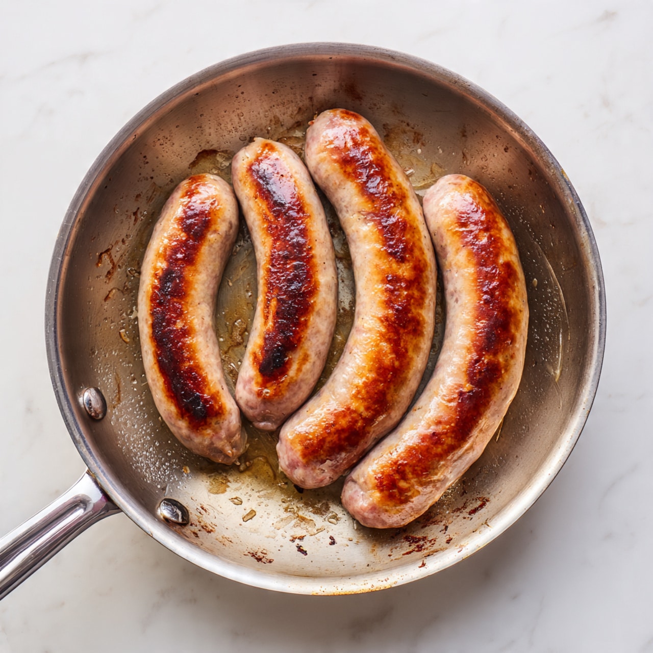 Inside a silver frying pan with a long handle, five sausages lie side by side. Each sausage has a browned top half with a crispy texture, showing a golden to dark brown color, while the bottom half remains lighter pinkish gray, showing they are partially cooked. The pan has some dark browned spots and light oil stains, adding to the cooking effect. The pan rests on a white marbled surface that provides a clean and bright background. photo taken with an iphone --ar 4:5 --v 7