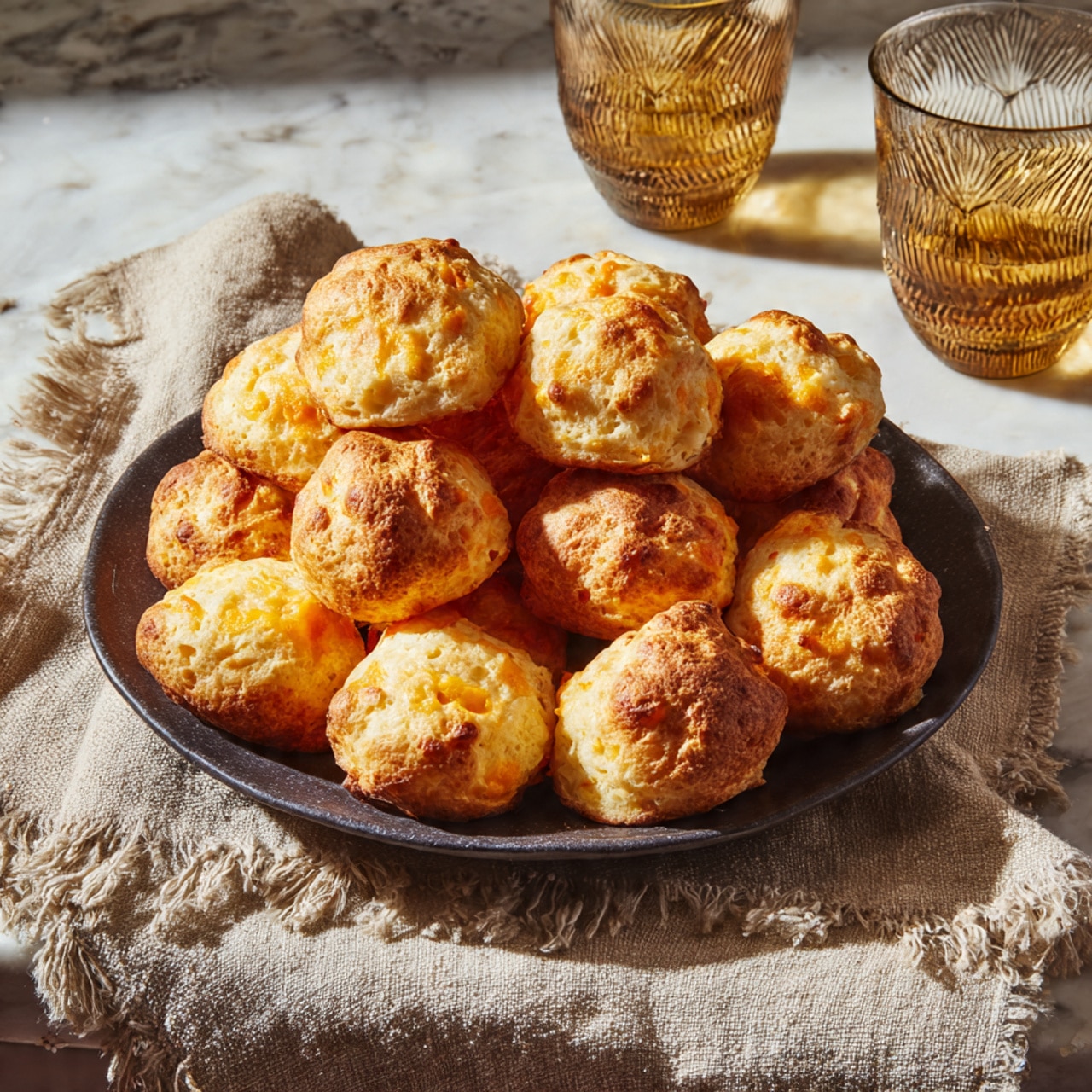 A dark round plate holds a pile of golden cheese bread balls, each with a slightly rough and uneven surface showing small baked cheese spots in light and darker yellow shades. The cheese breads are arranged in a close cluster, some partially stacked. The plate sits on a textured beige cloth with frayed edges, set on a white marbled surface. In the background, two clear textured glasses filled halfway with a golden liquid are softly out of focus. The lighting is natural and warm, casting soft shadows. photo taken with an iphone --ar 4:5 --v 7