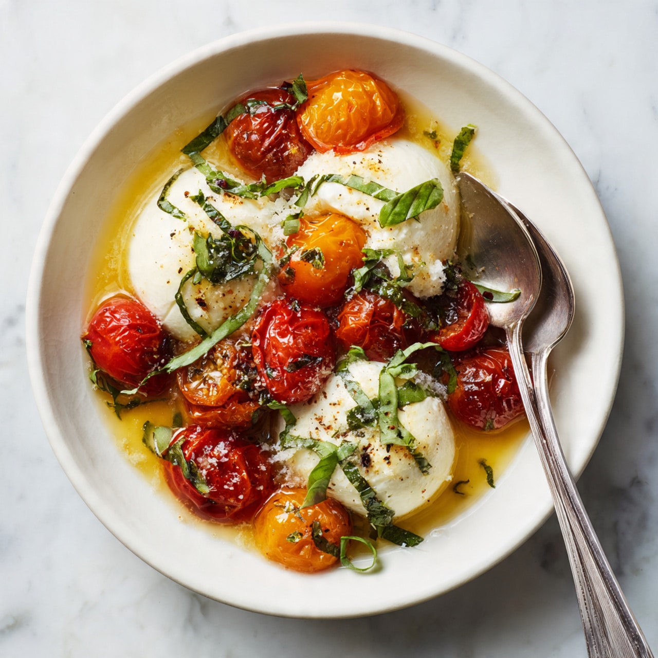 In a white bowl, there are three round scoops of soft white cheese, each with a smooth, creamy texture and a bit broken to show the inside. Around and between the cheese scoops, there are many shiny, roasted cherry tomatoes in deep red and orange colors, some slightly wrinkled and juicy, sitting in a golden olive oil sauce. The dish is sprinkled with small green basil leaves and thin ribbons of fresh basil, with a light touch of black pepper and coarse salt on top. On the right side of the bowl, a silver fork and spoon rest together. The bowl is placed on a white marbled surface. Photo taken with an iphone --ar 4:5 --v 7