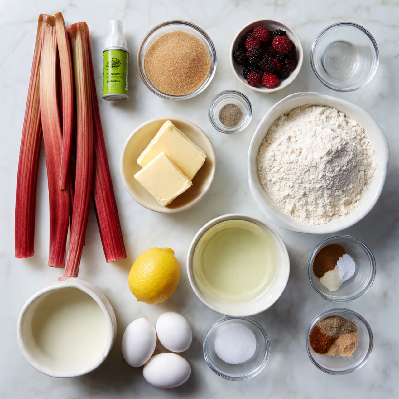 Various baking ingredients are neatly arranged on a white marbled surface. There are two long, reddish stalks of rhubarb placed diagonally on the top left. Below them is a small clear bowl with light brown sugar, next to it a smaller clear bowl holding three round slices of butter. A can of green canola oil spray is standing vertically at center left. On the right side, different clear and white bowls hold several ingredients: dark purple frozen berries in a white bowl at top center; white flour in a large white bowl at top right; a bowl with white granulated sugar below the berries; a bowl with a clear liquid oil next to the sugar; a bowl with milk next to the oil; two whole white eggs at center bottom; a lemon half placed cut side up near the eggs; and three small clear bowls with white and brown powders and spices forming a little cluster at the bottom right. The setup is clean and organized, ready for baking. photo taken with an iphone --ar 4:5 --v 7