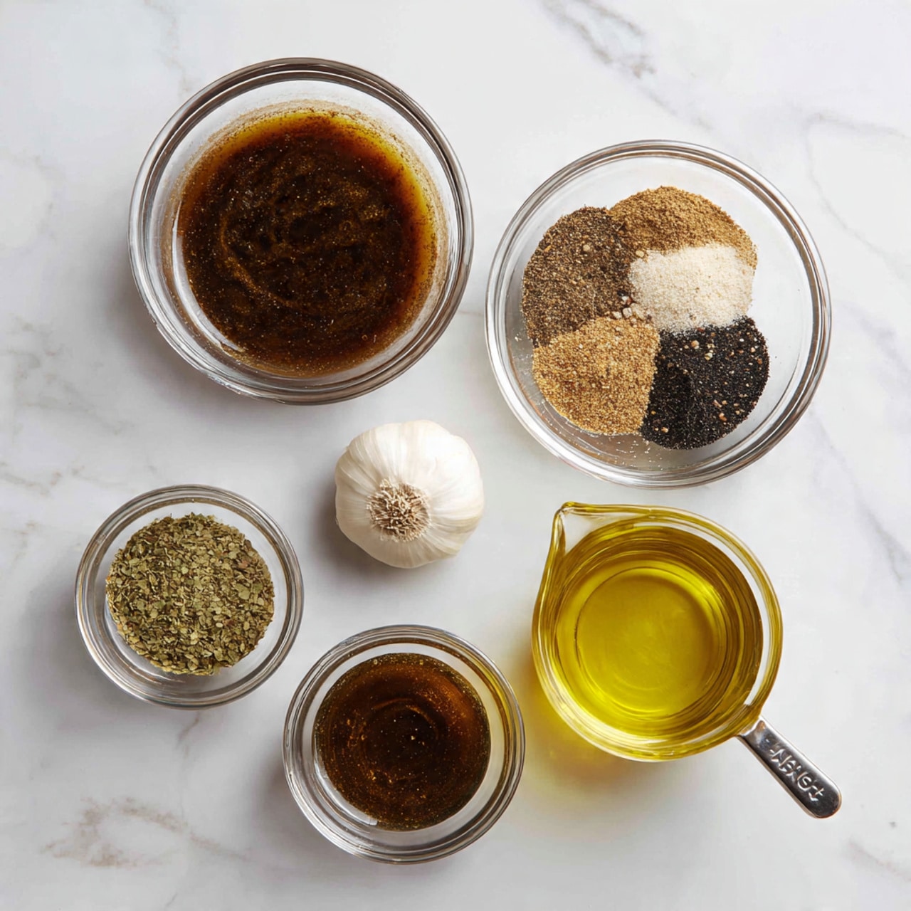The image shows five clear glass bowls and one metal measuring cup on a white marbled surface. The top left glass bowl contains a thick, dark brown liquid. Below it, another glass bowl holds a similar dark brown liquid. To the right of these, a larger glass bowl holds four seasoning piles: light brown, green, black, and white. A single garlic clove sits between the bowls. Below the seasoning bowl is a smaller glass bowl with a thinner dark brown liquid. On the far right, a metal measuring cup filled with light yellow olive oil completes the arrangement. Photo taken with an iphone --ar 4:5 --v 7