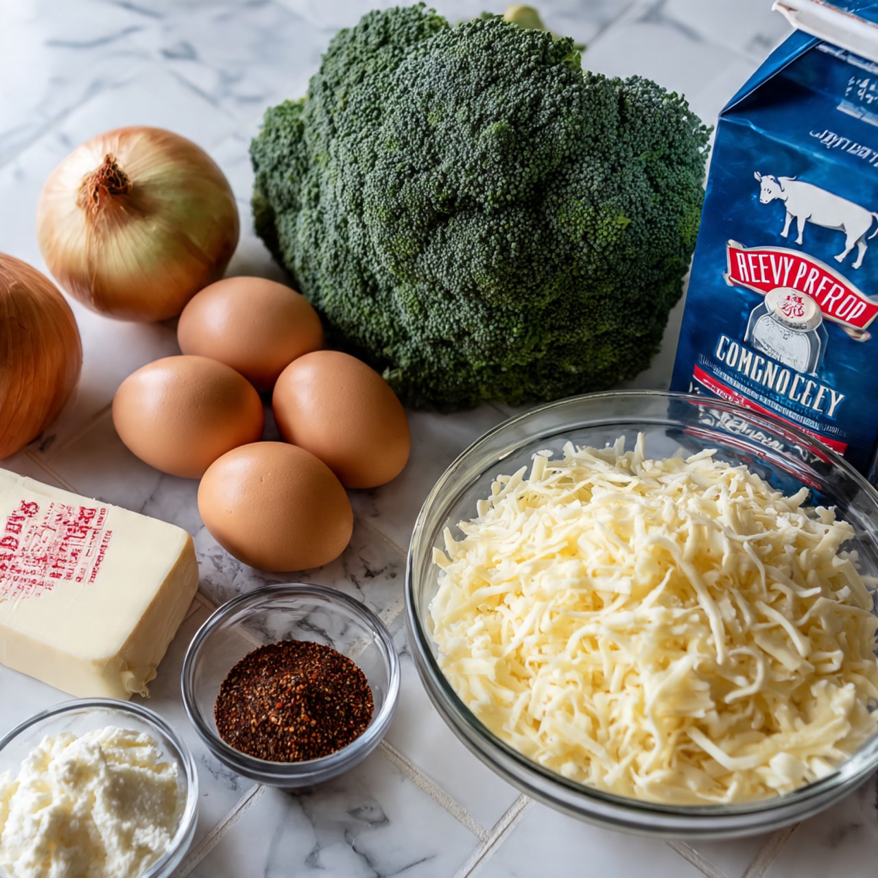 A collection of ingredients for cooking is arranged on a white marbled surface. On the left side, there are two light brown shallots, one slightly smaller, placed next to a small stick of butter wrapped in paper with red text. Behind them stands a large, fresh broccoli head with a deep green color and detailed texture. In the center, five brown eggs are laid out in a loose cluster. Behind the eggs is a red and white carton of heavy whipping cream with text and a small cow illustration. On the right side, a tall blue container of sea salt stands behind a clear glass bowl filled with shredded pale yellow cheese. In front of the bowl are two small glass bowls with red and dark brown spices. The background is white tiled and the photo is taken with an iphone --ar 4:5 --v 7