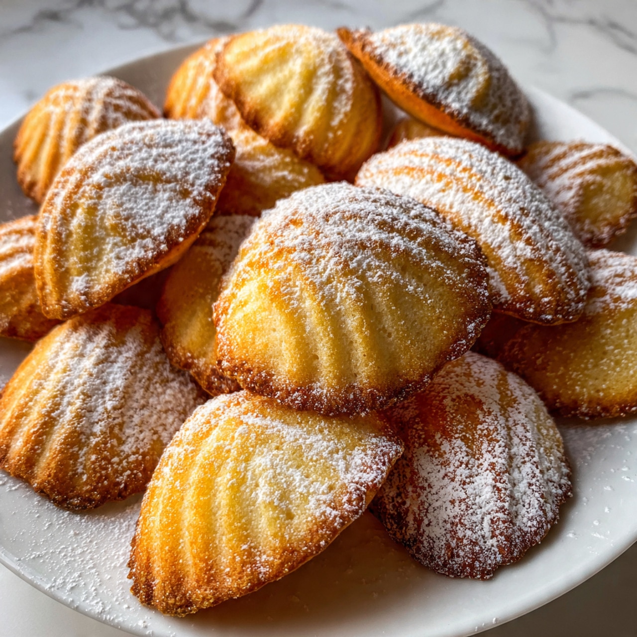 Several golden brown madeleine cookies with a shell shape and ridged pattern lie on white parchment paper over a metal cooling rack, all set on a white marbled surface. The cookies have a slightly darker edge and a soft, light center texture, showing subtle variations of warm caramel and cream colors. Photo taken with an iphone --ar 4:5 --v 7