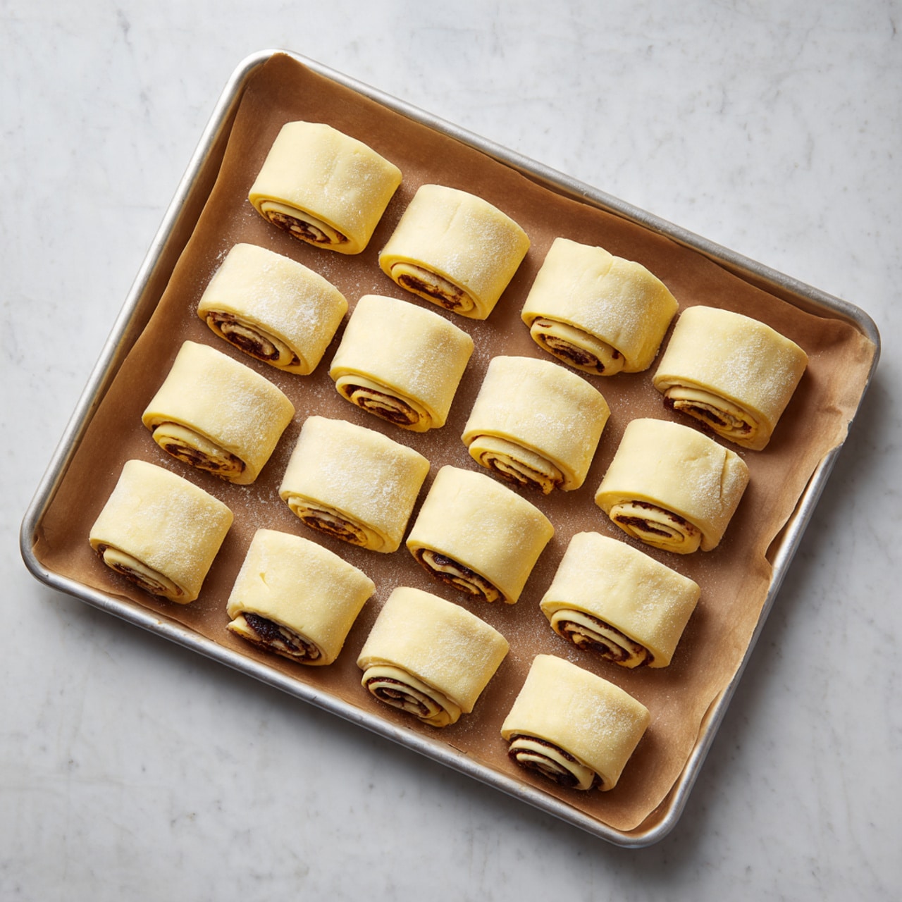The image shows a baking tray lined with brown parchment paper, placed on a white marbled surface. On the tray, there are 24 small, unbaked pastry rolls arranged in four neat rows of six. Each pastry roll has a pale yellow dough exterior with a visible spiral of slightly darker filling inside, giving a layered look with the spirals showing distinct brown and cream colors. The dough appears soft and slightly dusted with flour, and the rolls are cut evenly to similar sizes. Photo taken with an iphone --ar 4:5 --v 7