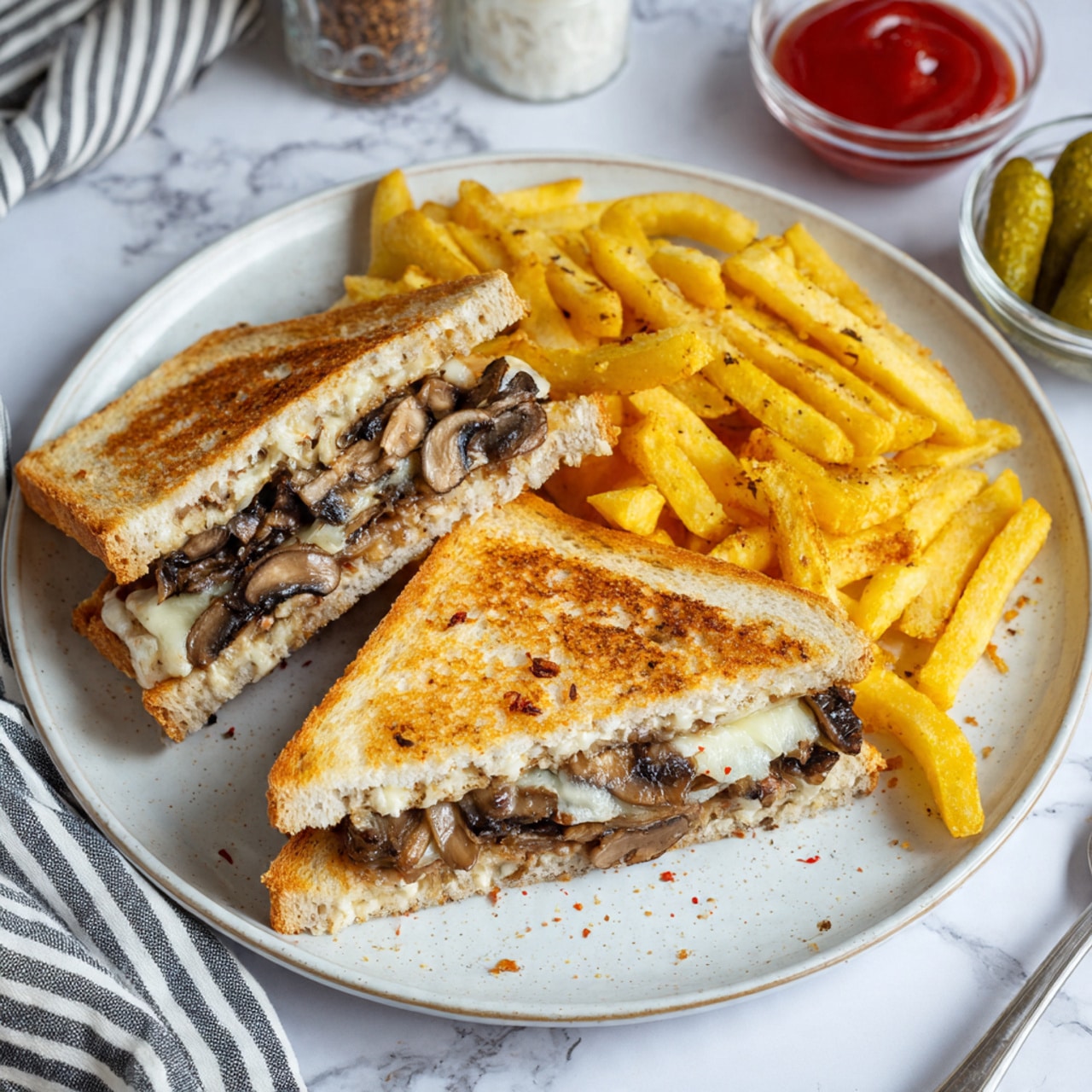 Four toasted sandwiches sit side by side on a light brown wooden cutting board with a small round hole on the top left corner; each sandwich has two layers of golden brown toasted bread with a slightly crispy texture. Between the bread layers, there is a melted pale yellow cheese layer that is soft and smooth, with dark brown cooked mushroom slices peeking from the edges, showing a rich, slightly wrinkled texture. The sandwiches rest on a white marbled surface, giving a clean and bright background. photo taken with an iphone --ar 4:5 --v 7