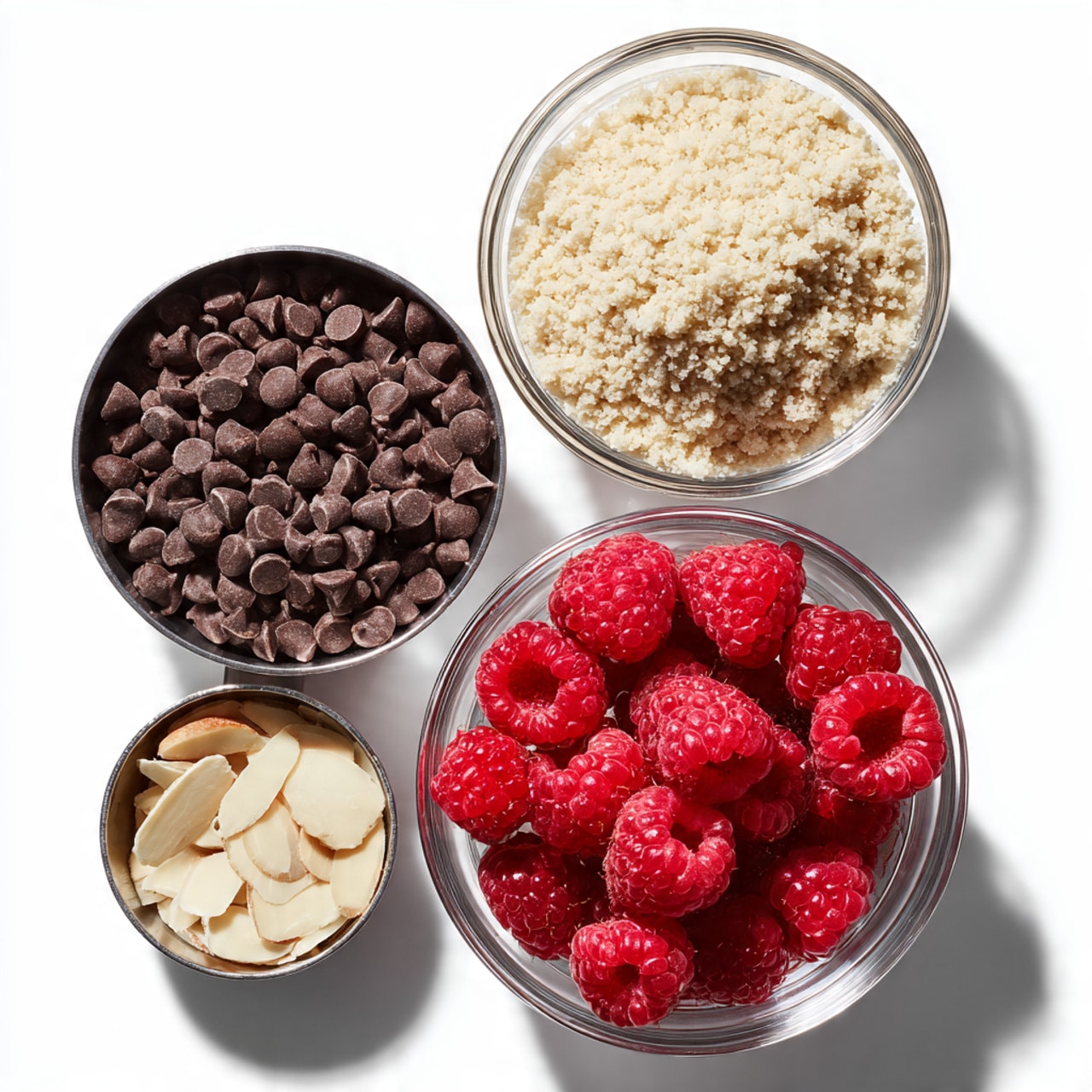 The image shows four small containers with different ingredients placed on a white marbled surface. At the top right, there is a clear glass bowl filled with light beige crumbles that look soft and grainy. Below it, toward the center, sits another clear glass bowl filled with bright red raspberries, fresh and plump with a bumpy texture. To the left of the raspberries, there is a metal measuring cup holding many small, dark brown chocolate chips that have smooth surfaces and rounded tops. At the bottom left, a smaller metal measuring cup contains thin, off-white almond slices with some brown edges visible. The arrangement is neat and the colors stand out against the white marbled background. photo taken with an iphone --ar 4:5 --v 7